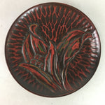 Japanese Wood Lacquer Plate Kamakura-Bori Vtg Brown Hand-carved Floral UR245