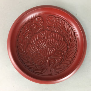 Japanese Wood Lacquer Plate Replica Vtg Floral Carving Round Red Black QT57