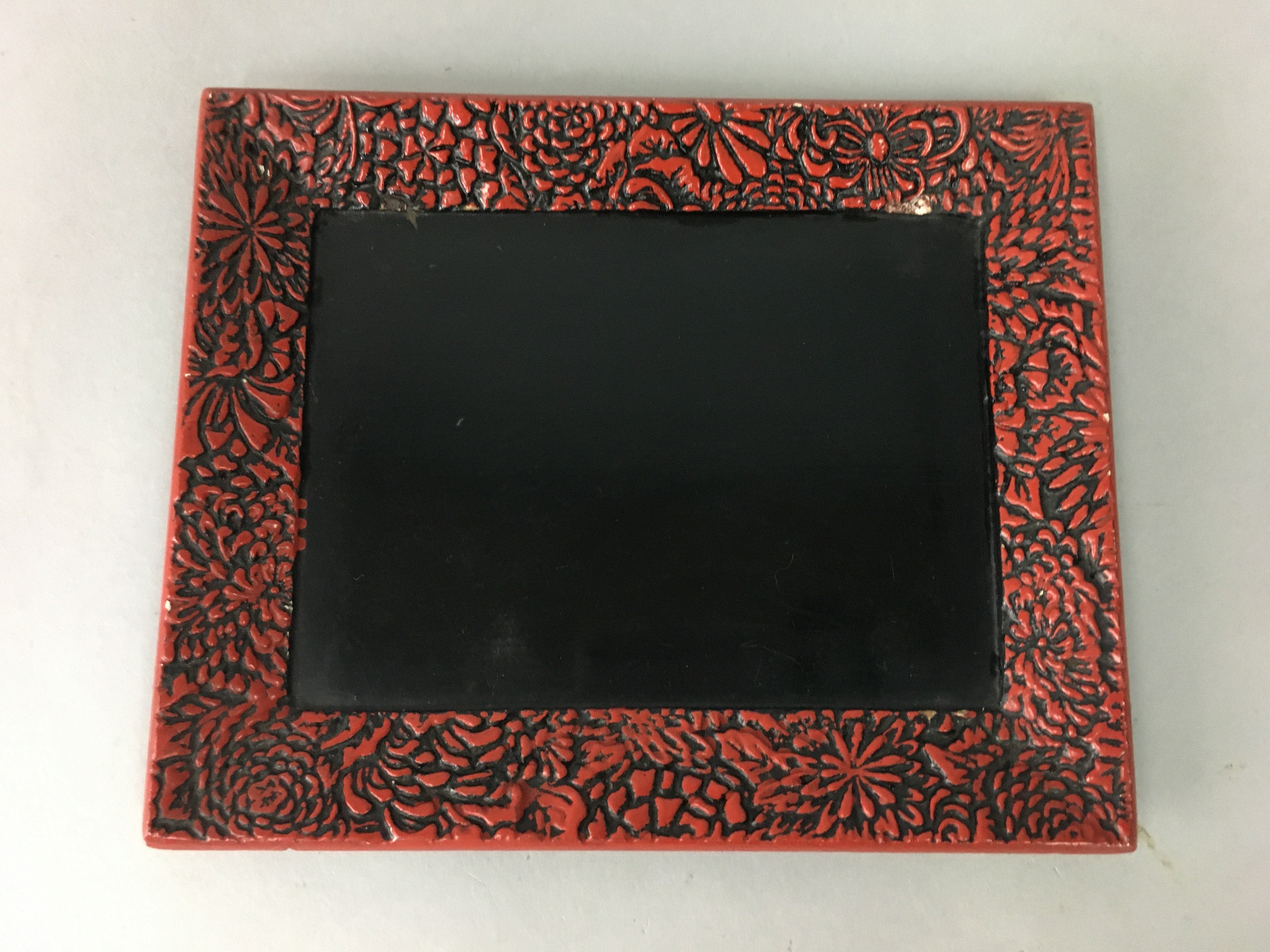 Japanese Wood Lacquer Plate Vtg Flower Carving Design Rectangle Black Red UR326