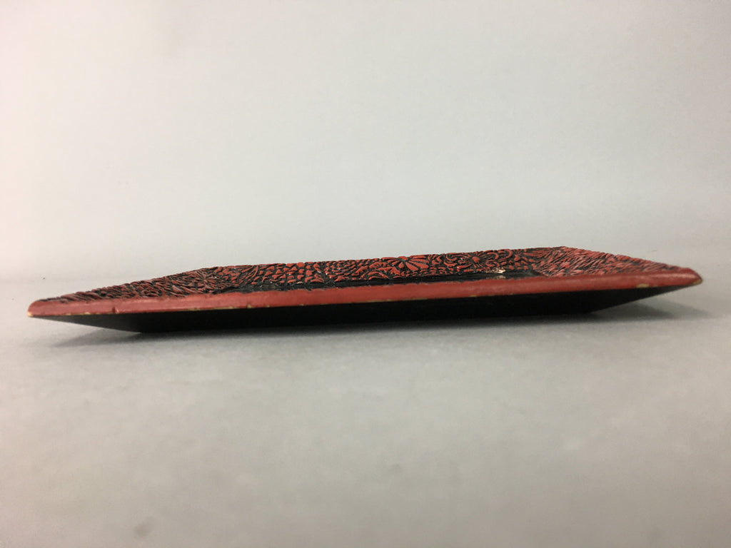 Japanese Wood Lacquer Plate Vtg Flower Carving Design Rectangle Black Red UR326