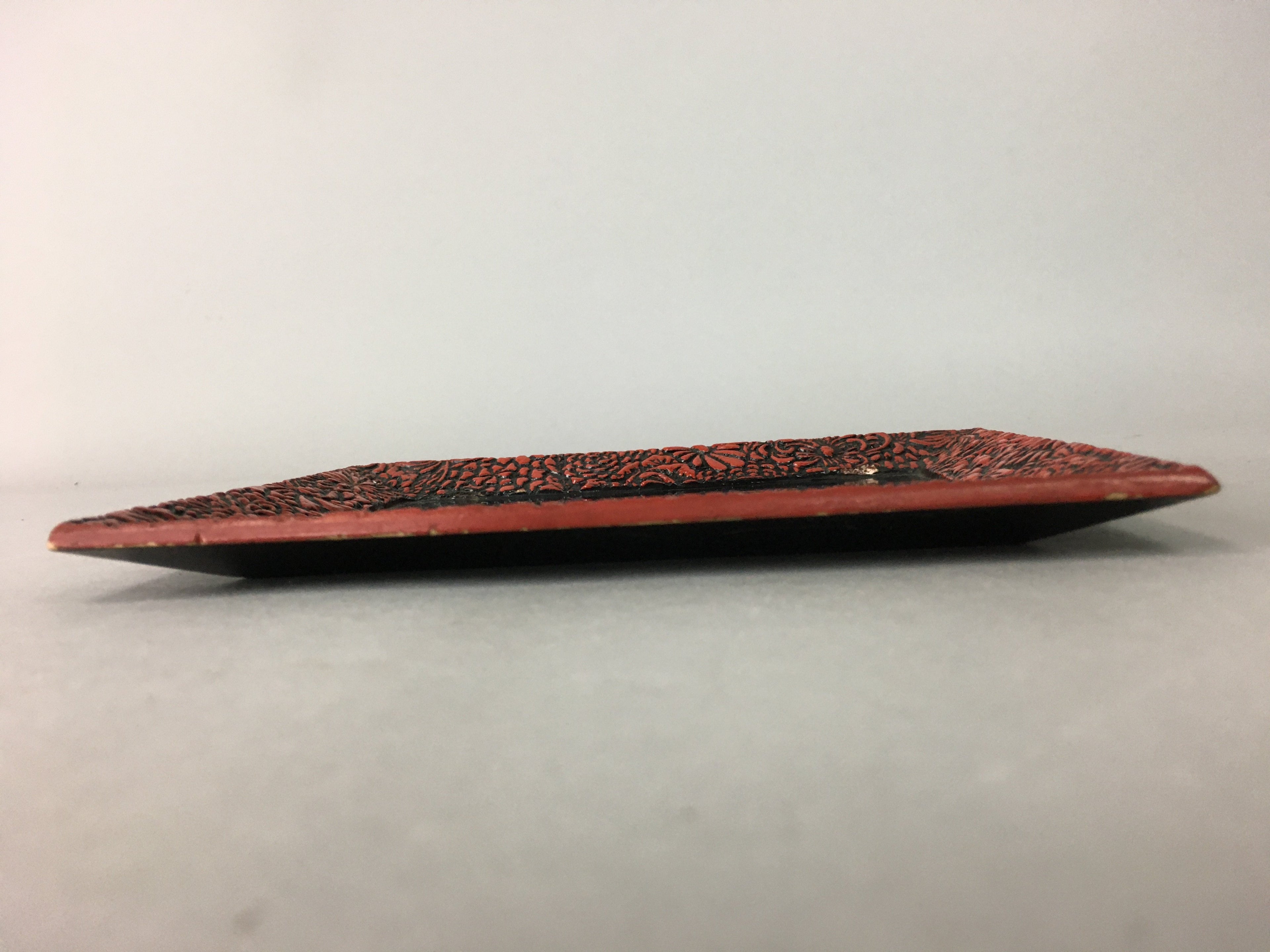 Japanese Wood Lacquer Plate Vtg Flower Carving Design Rectangle Black Red UR326