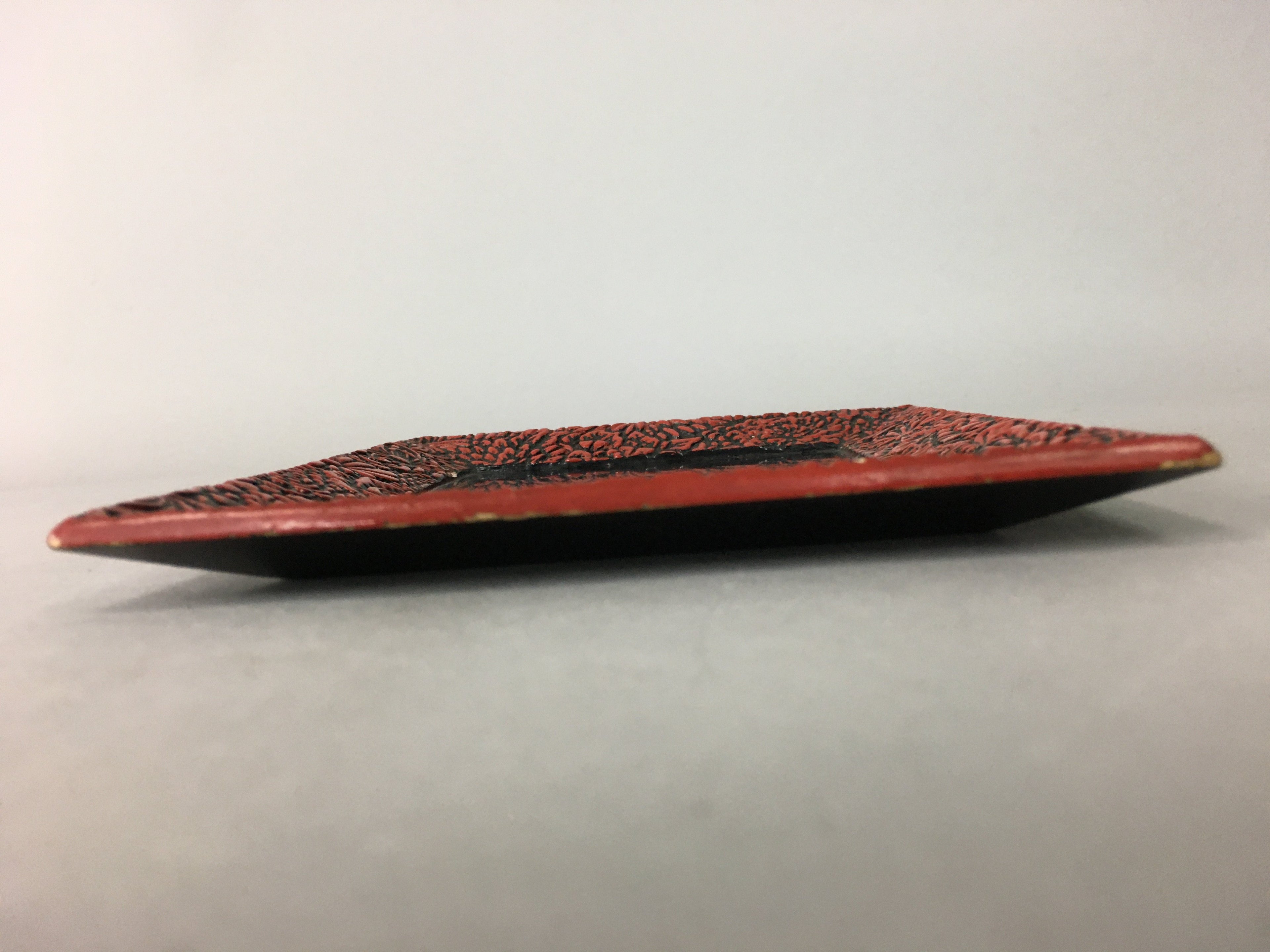 Japanese Wood Lacquer Plate Vtg Flower Carving Design Rectangle Black Red UR326