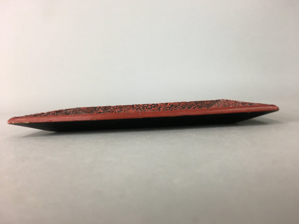 Japanese Wood Lacquer Plate Vtg Flower Carving Design Rectangle Black Red UR326