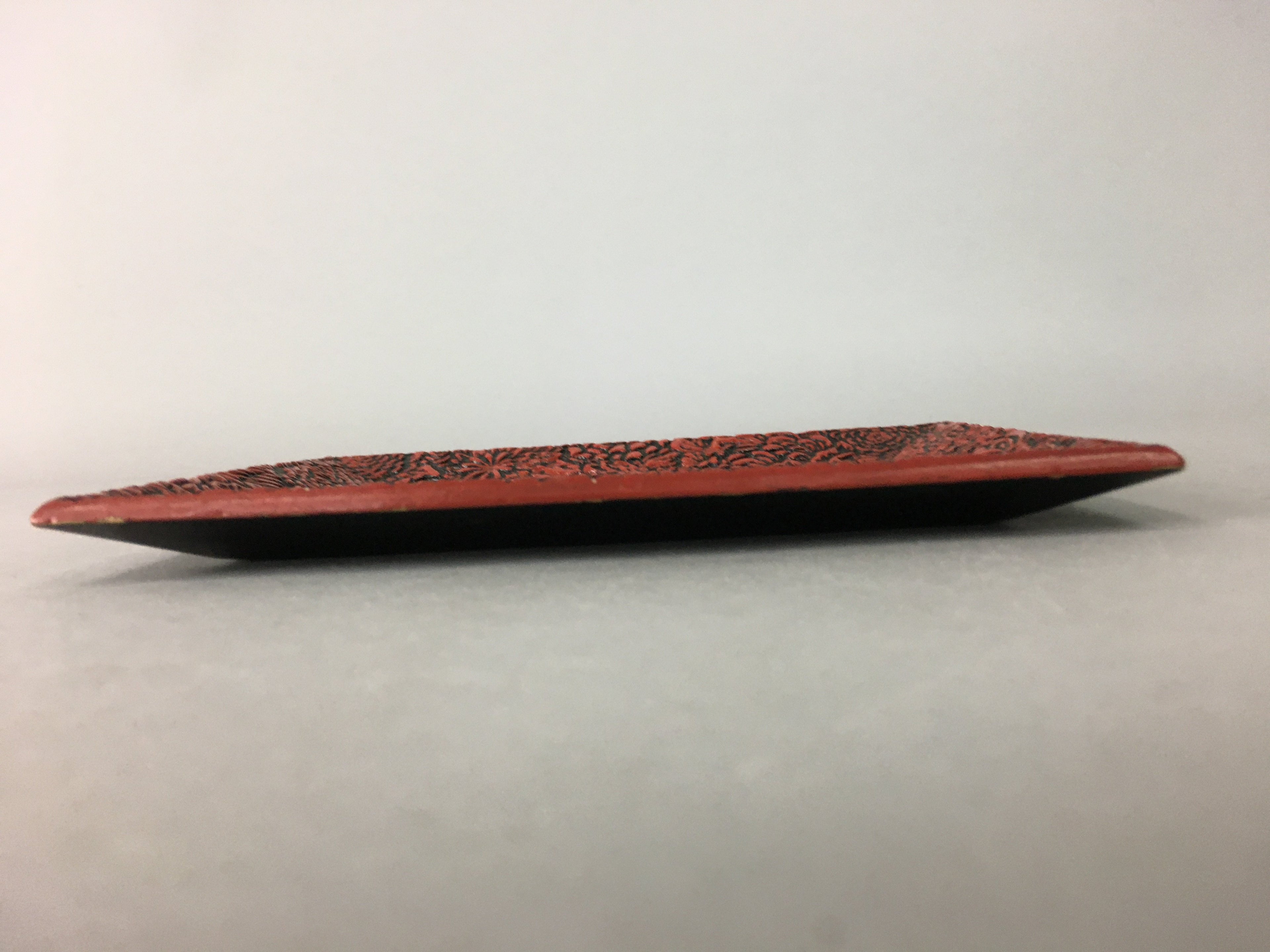 Japanese Wood Lacquer Plate Vtg Flower Carving Design Rectangle Black Red UR326