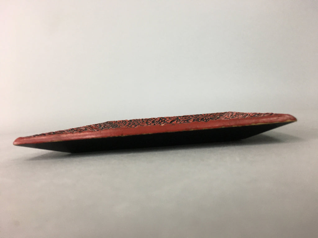 Japanese Wood Lacquer Plate Vtg Flower Carving Design Rectangle Black Red UR326