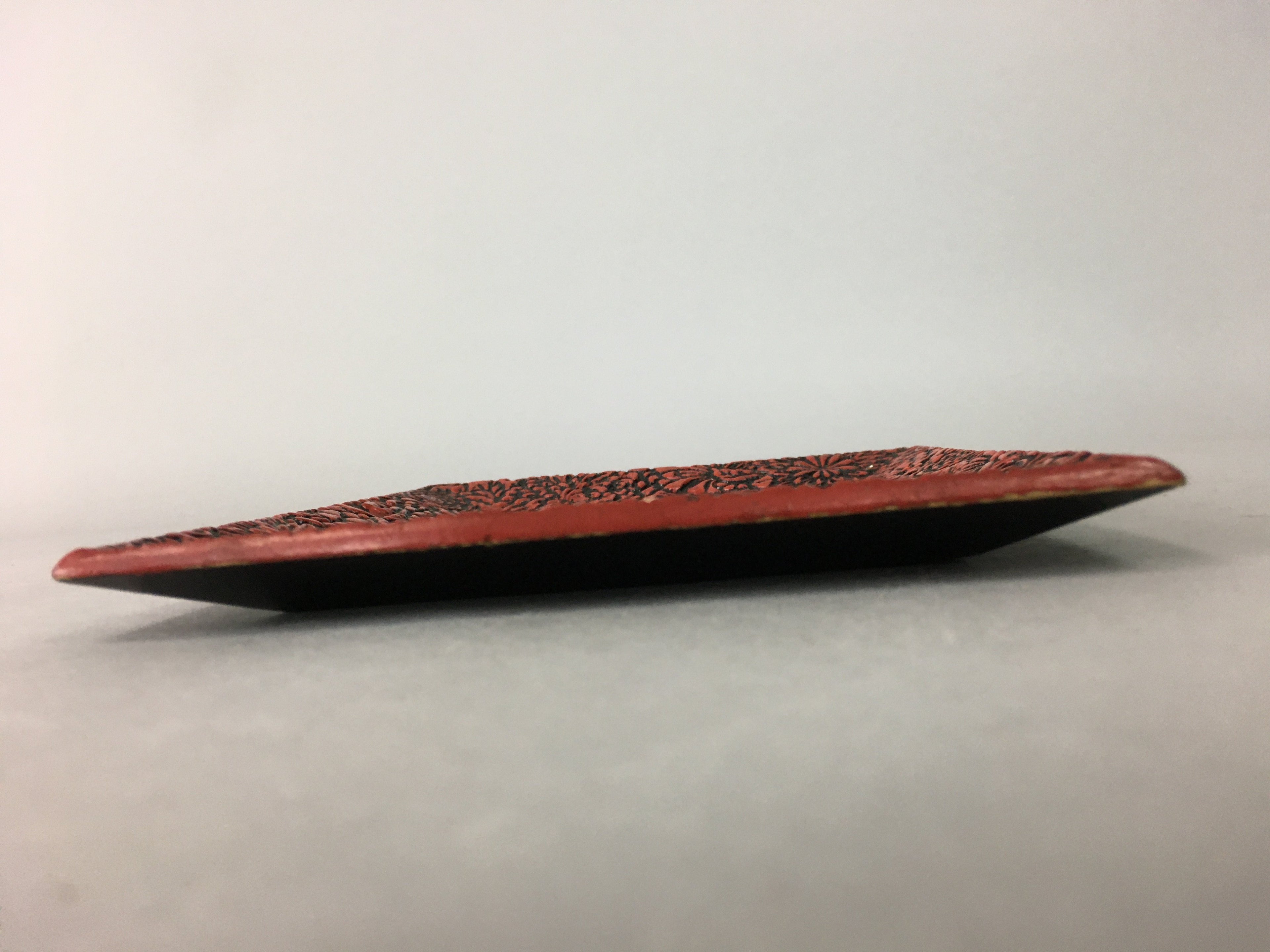 Japanese Wood Lacquer Plate Vtg Flower Carving Design Rectangle Black Red UR326