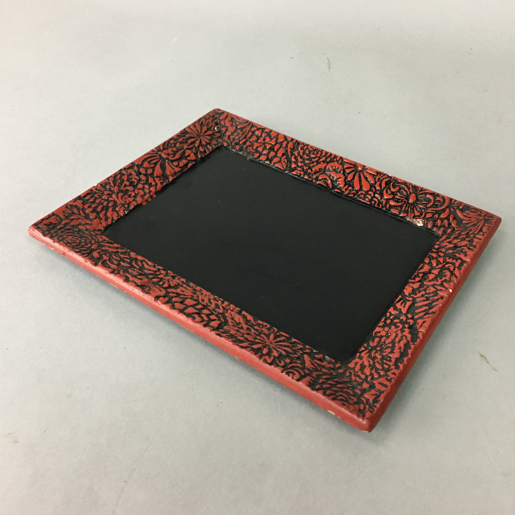 Japanese Wood Lacquer Plate Vtg Flower Carving Design Rectangle Black Red UR326