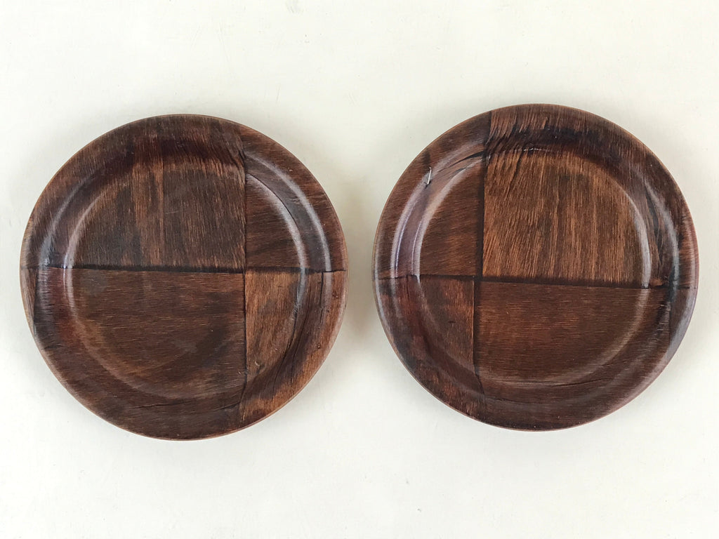 Japanese Wood Patchwork Drink Saucer ２pc Set Vtg Chataku Coaster Brown UR838