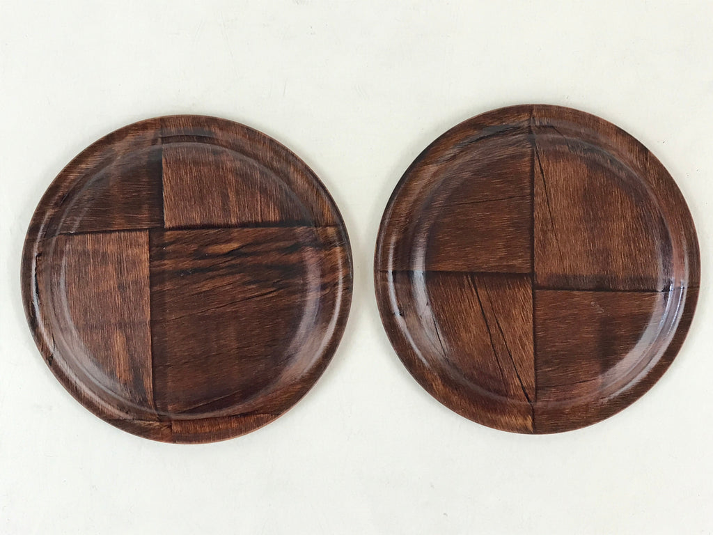 Japanese Wood Patchwork Drink Saucer ２pc Set Vtg Chataku Coaster Brown UR838