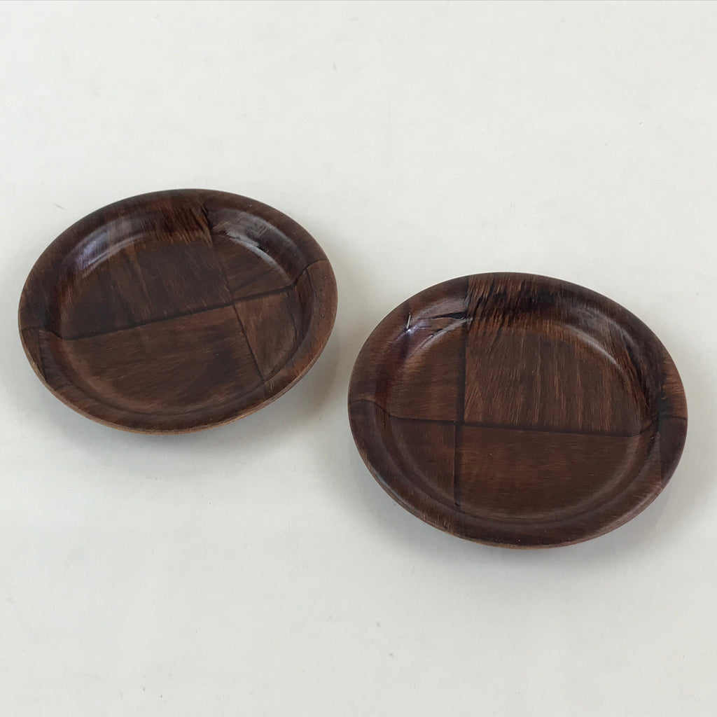 Japanese Wood Patchwork Drink Saucer ２pc Set Vtg Chataku Coaster Brown UR838