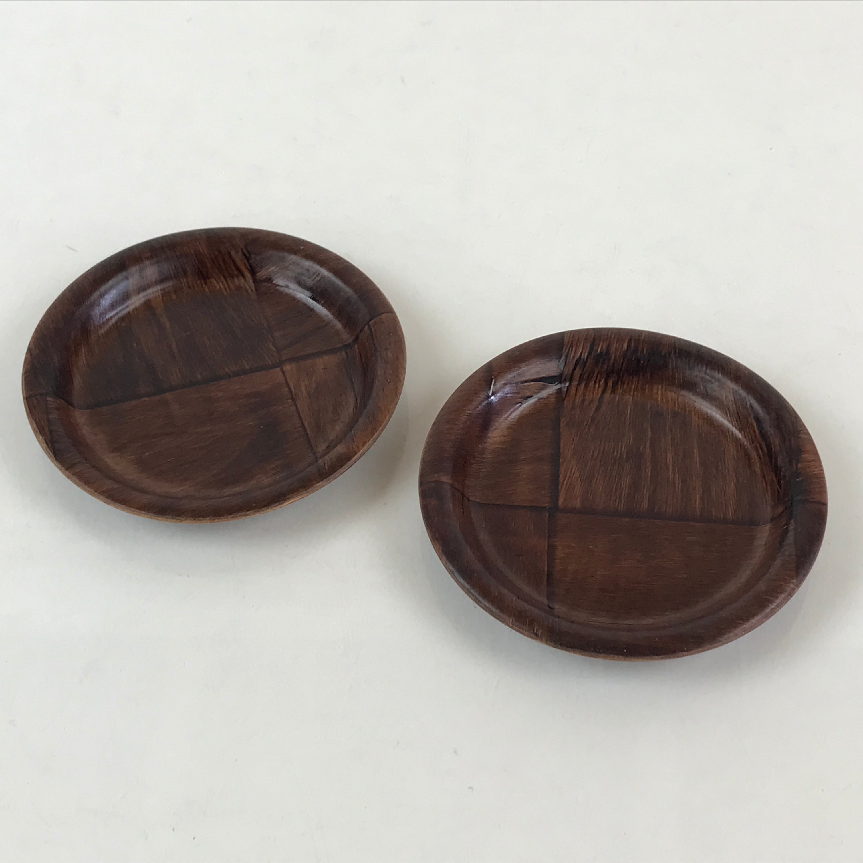 Japanese Wood Patchwork Drink Saucer ２pc Set Vtg Chataku Coaster Brown UR838