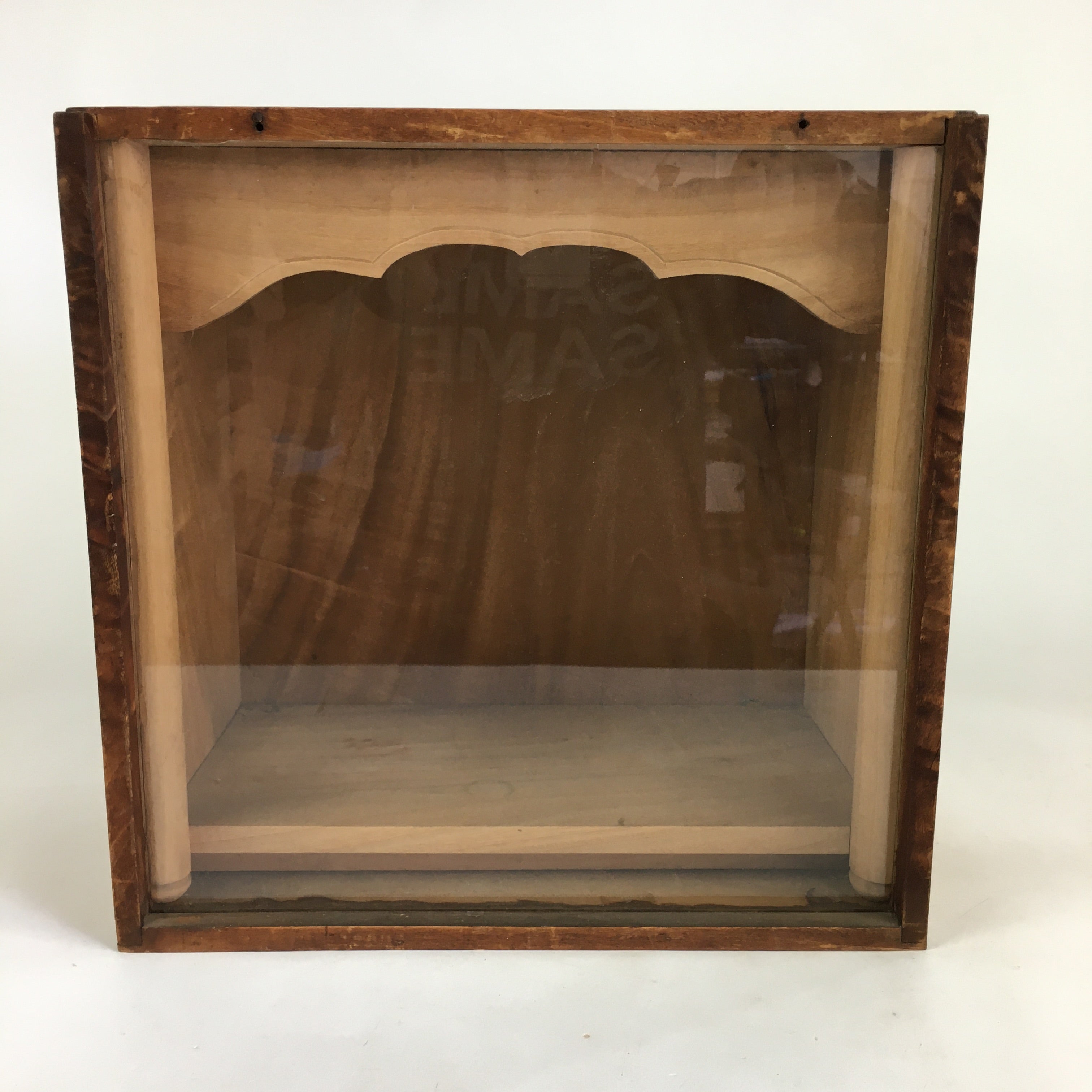Japanese Wood Shelf Vtg Glass Slide Panel Display box Brown Doll Figurine T305