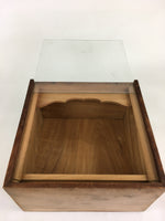 Japanese Wood Shelf Vtg Glass Slide Panel Display box Brown Doll Figurine T305