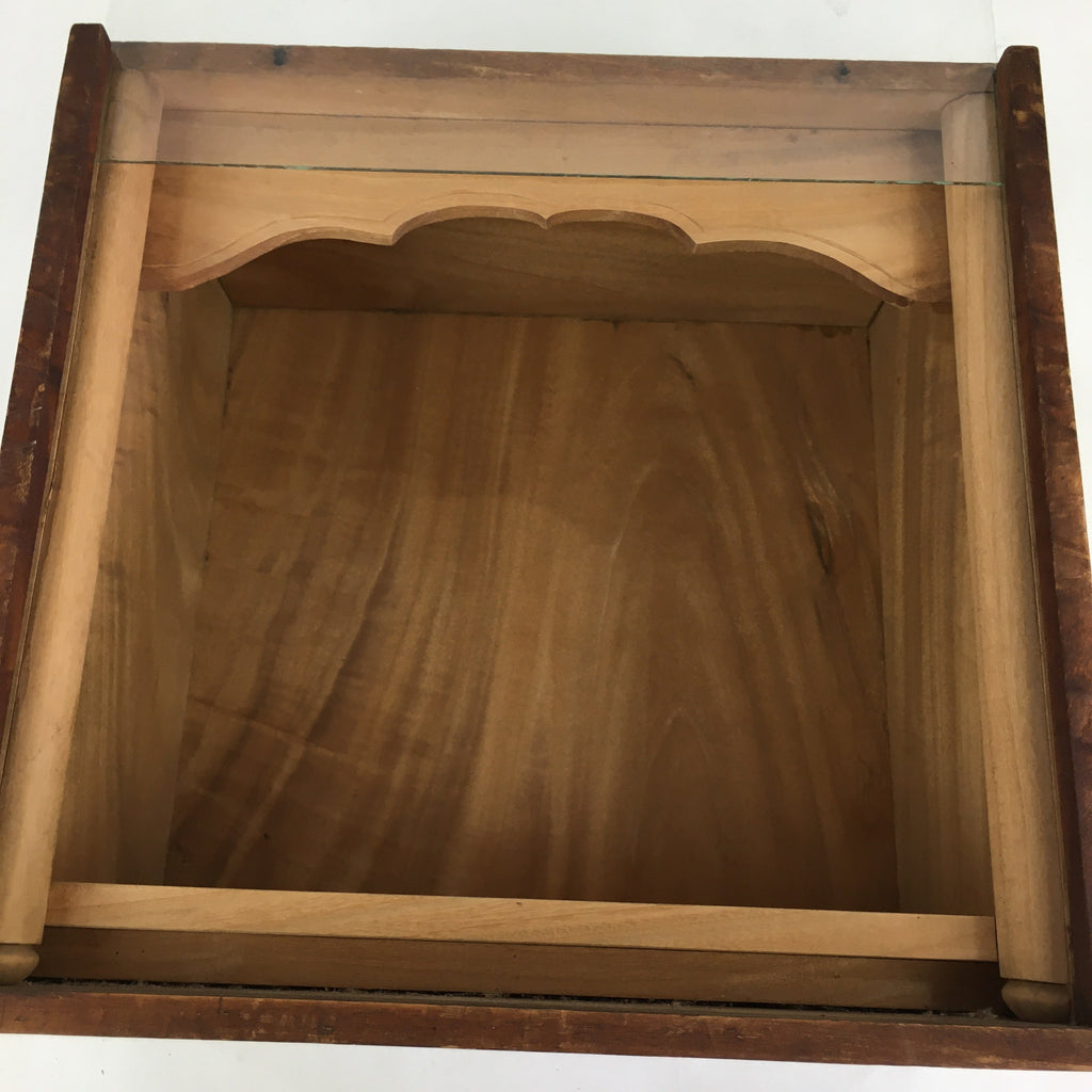 Japanese Wood Shelf Vtg Glass Slide Panel Display box Brown Doll Figurine T305