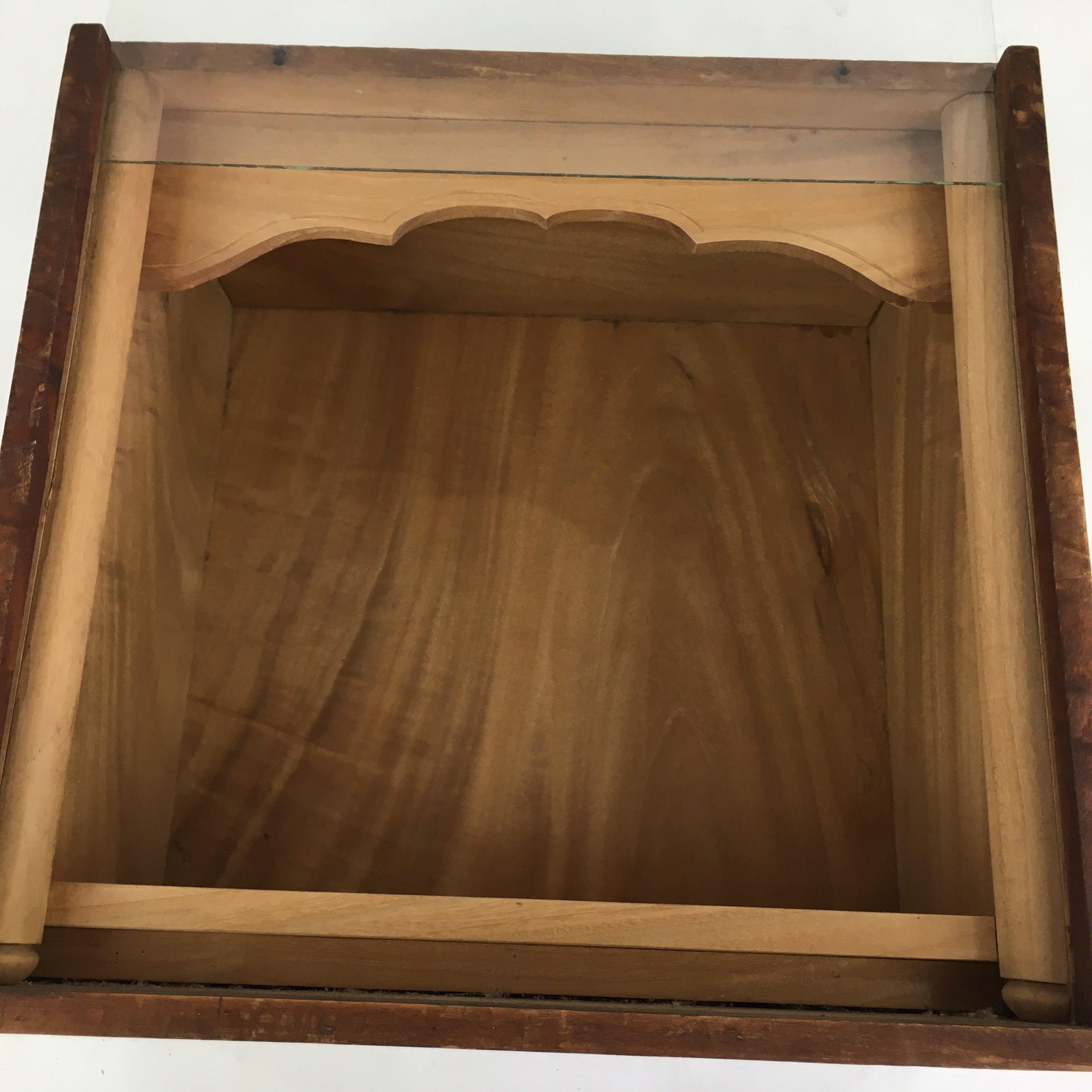 Japanese Wood Shelf Vtg Glass Slide Panel Display box Brown Doll Figurine T305