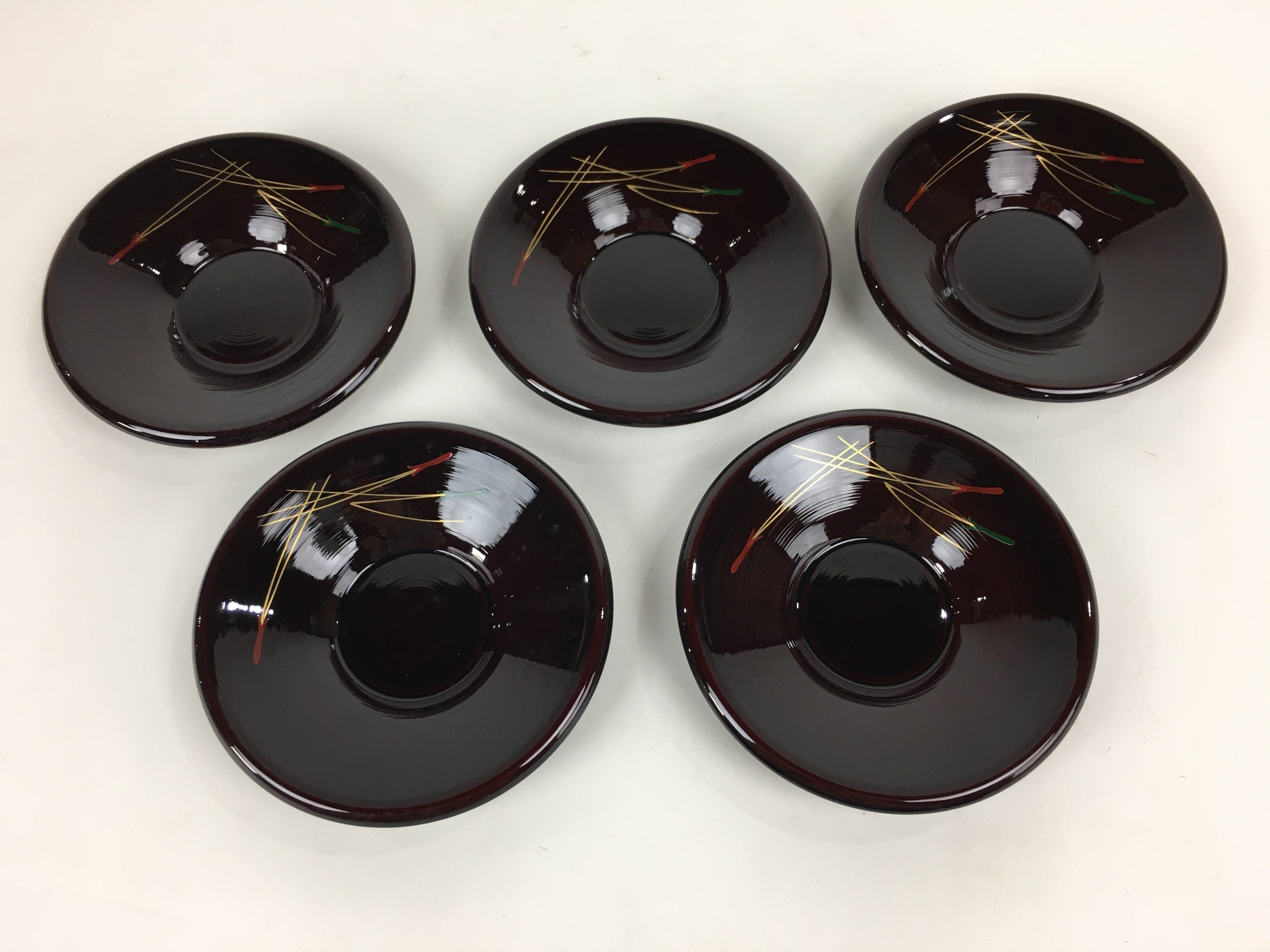 Japanese Wood lacquer Aizu-Nuri Drink Saucer 5pc Set Vtg Chataku Coaster UR604