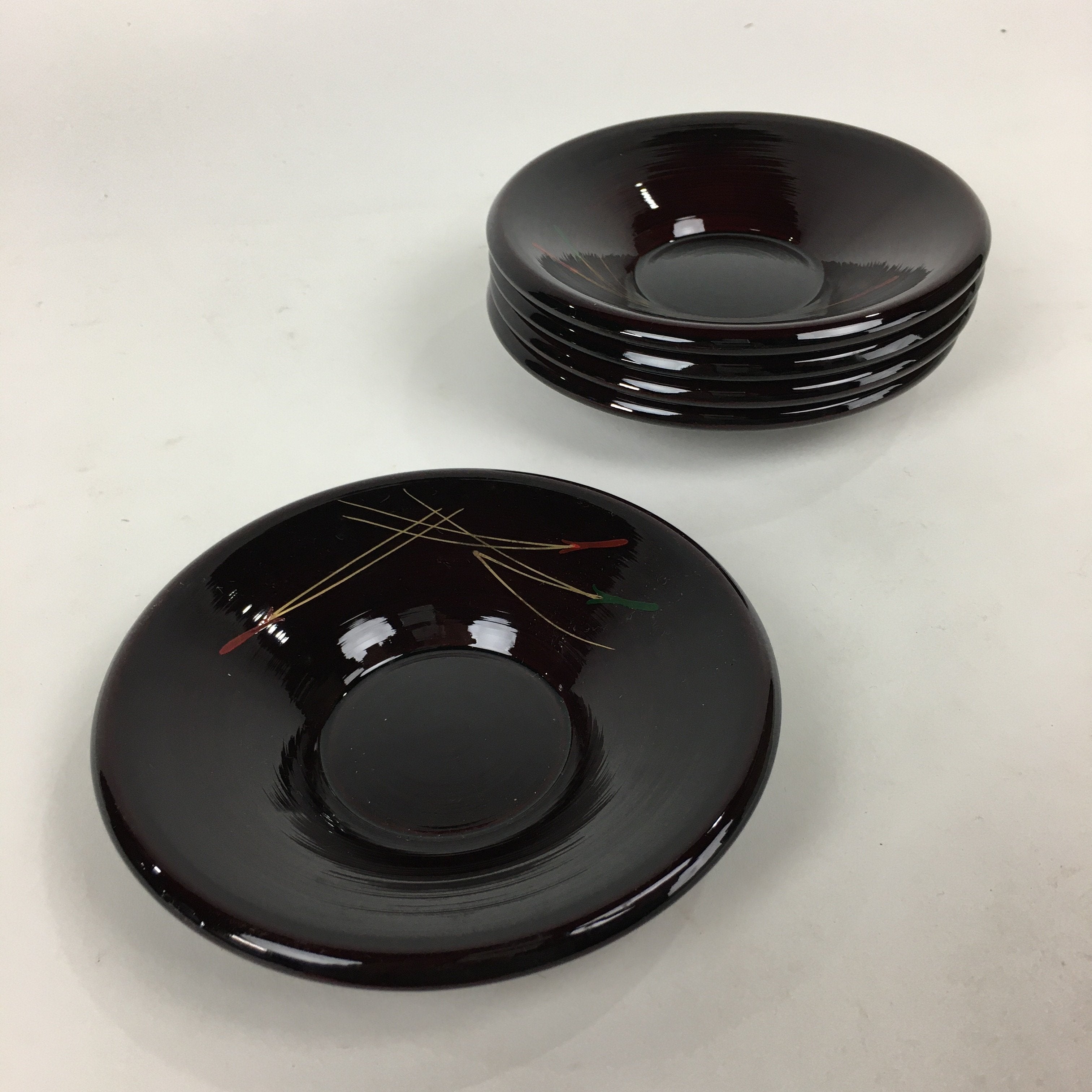 Japanese Wood lacquer Aizu-Nuri Drink Saucer 5pc Set Vtg Chataku Coaster UR604