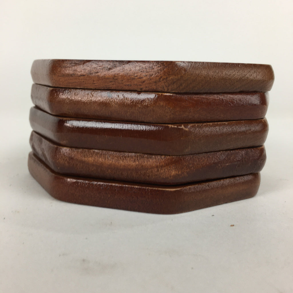 Japanese Wood lacquered Drink Saucer 5pc Set Vtg Chataku Coaster Brown UR589