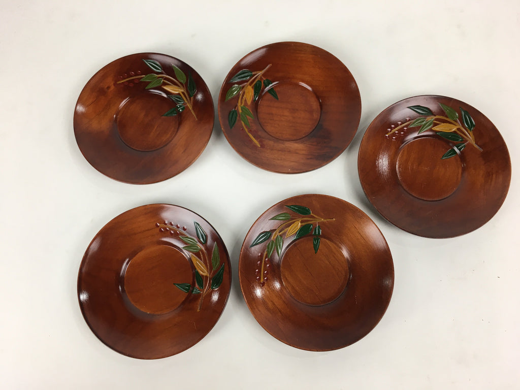 Japanese Wood lacquered Drink Saucer 5pc Set Vtg Chataku Coaster Brown UR594