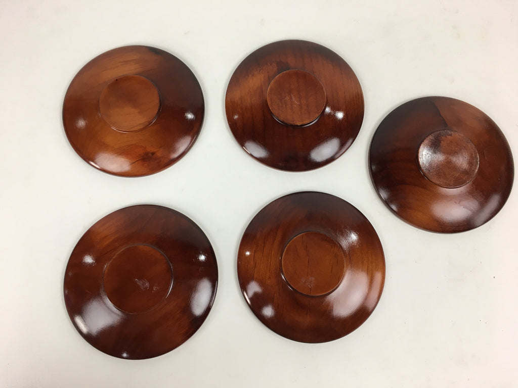 Japanese Wood lacquered Drink Saucer 5pc Set Vtg Chataku Coaster Brown UR594