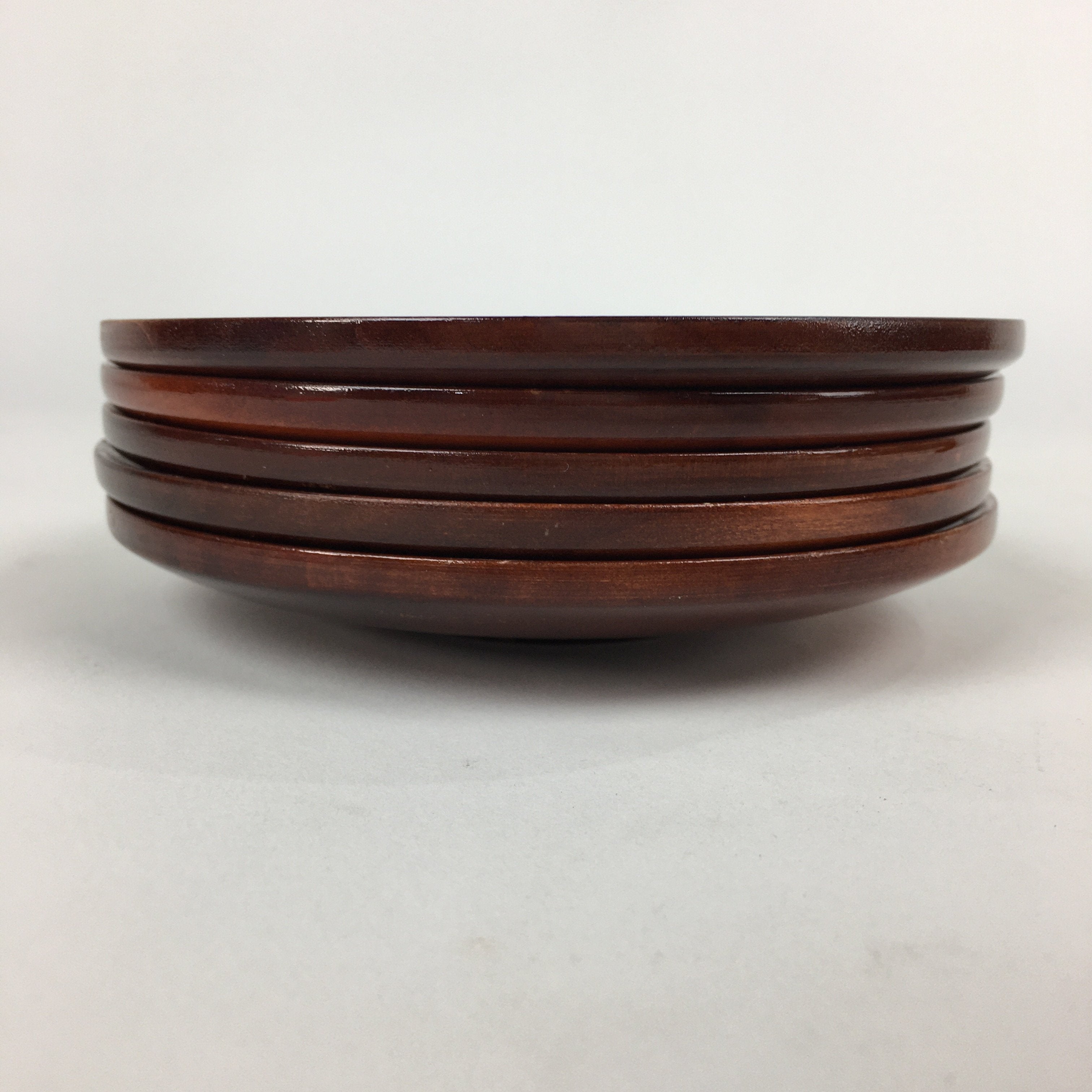 Japanese Wood lacquered Drink Saucer 5pc Set Vtg Chataku Coaster Brown UR594