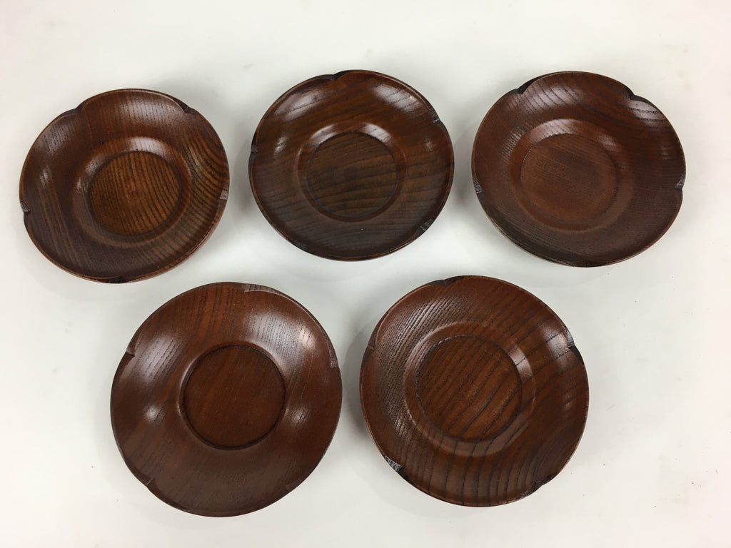Japanese Wood lacquered Drink Saucer 5pc Set Vtg Chataku Coaster Brown UR595