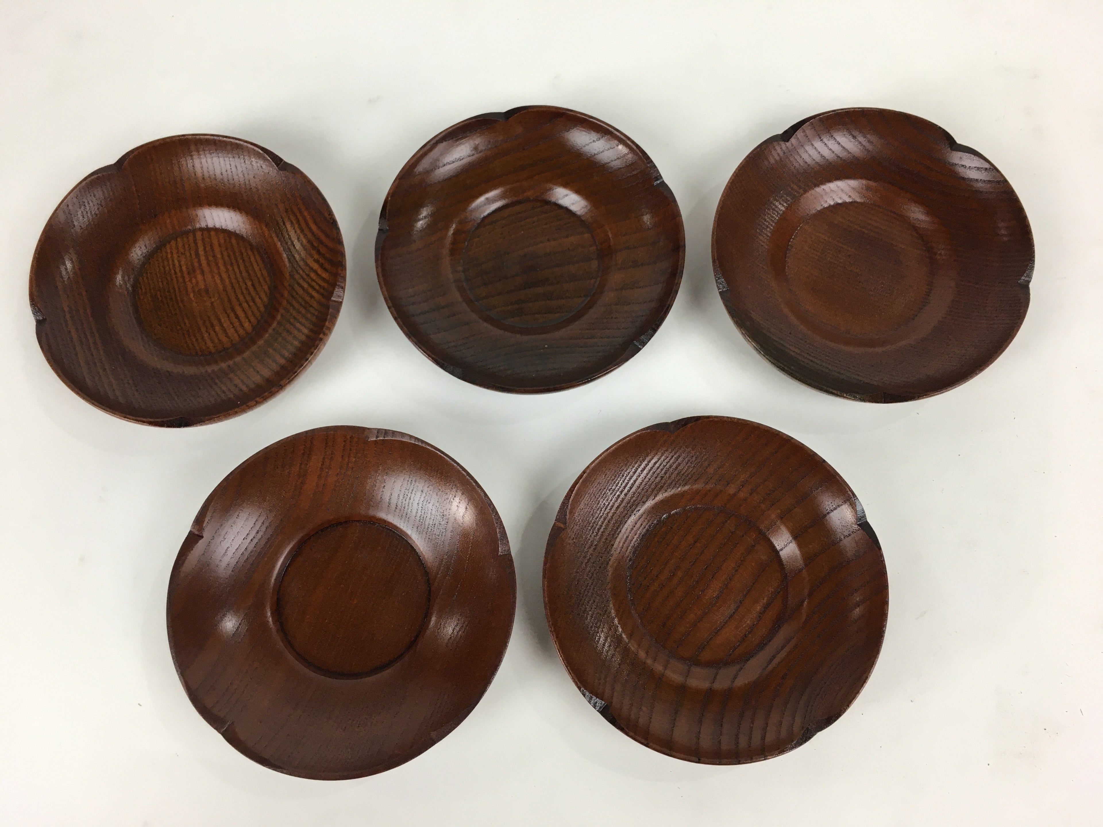 Japanese Wood lacquered Drink Saucer 5pc Set Vtg Chataku Coaster Brown UR595