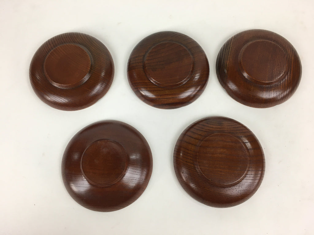 Japanese Wood lacquered Drink Saucer 5pc Set Vtg Chataku Coaster Brown UR595