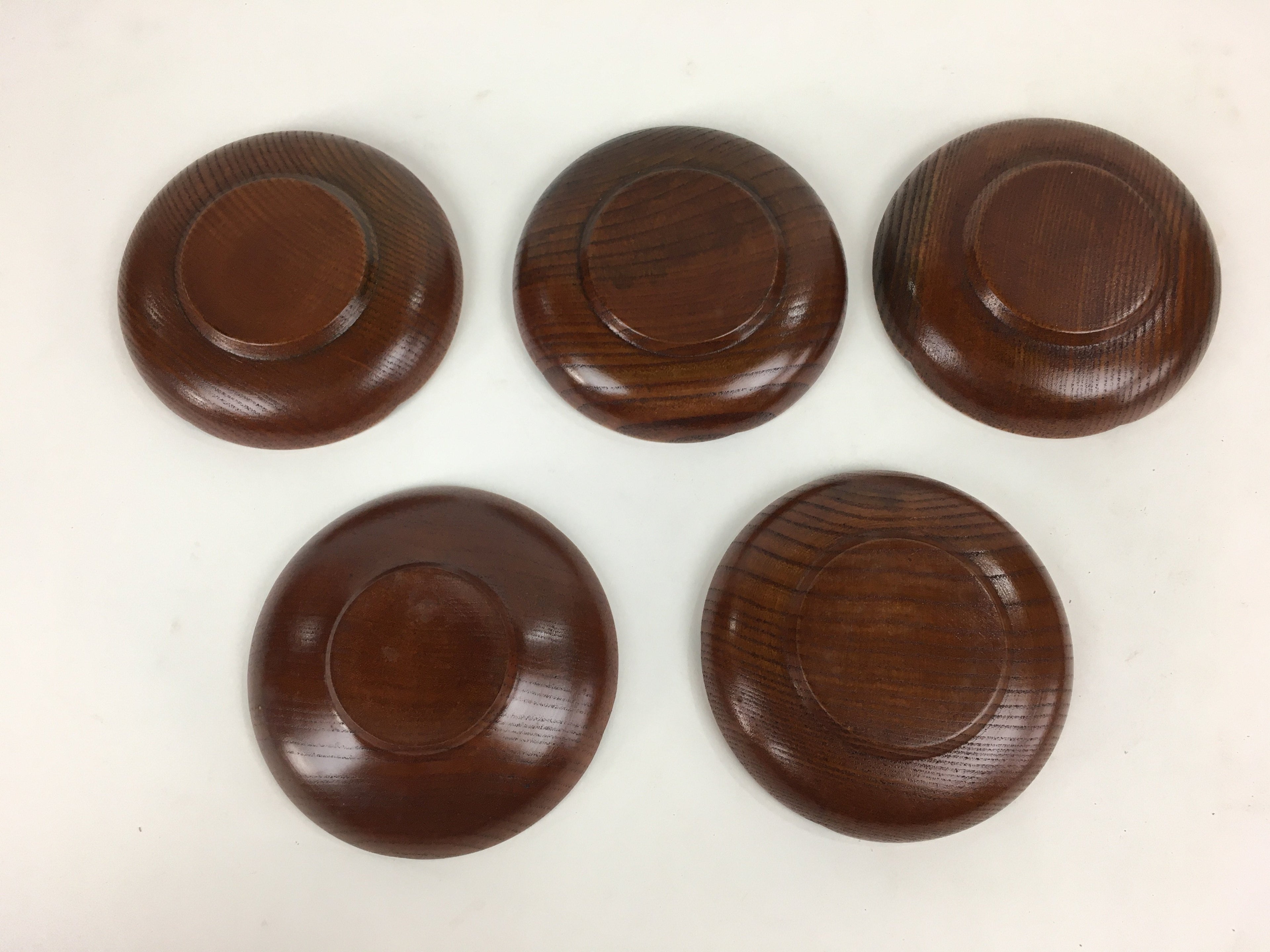 Japanese Wood lacquered Drink Saucer 5pc Set Vtg Chataku Coaster Brown UR595