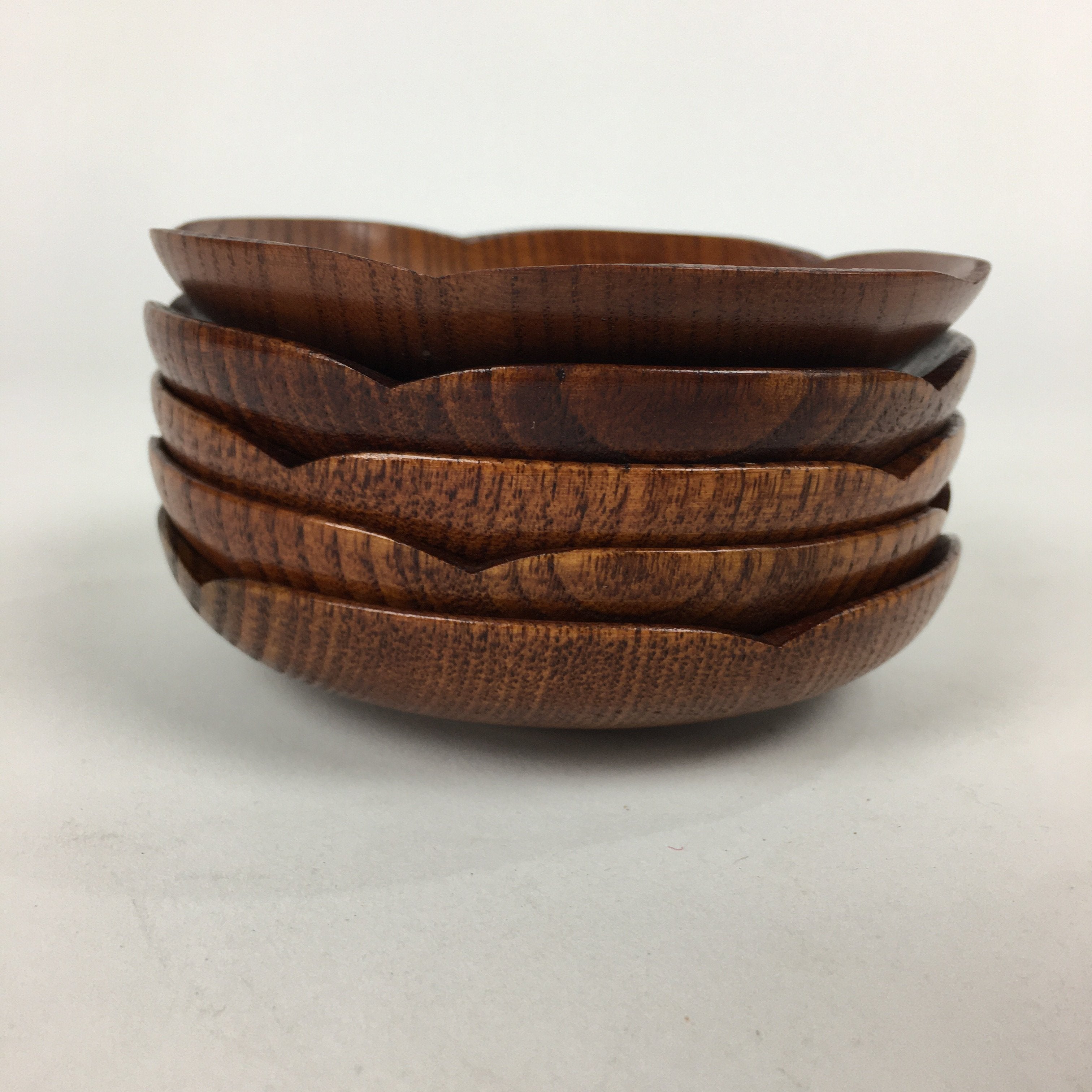 Japanese Wood lacquered Drink Saucer 5pc Set Vtg Chataku Coaster Brown UR595