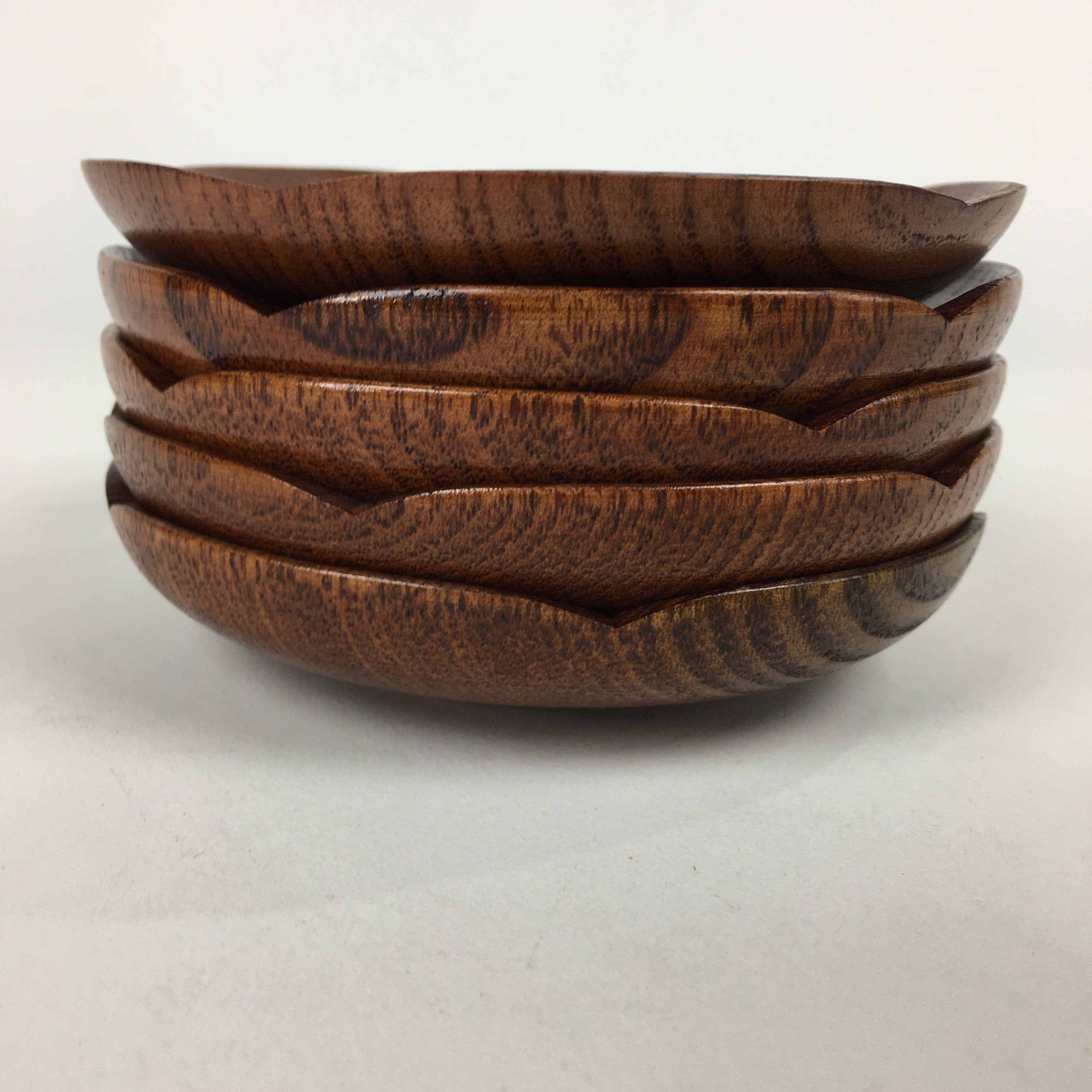 Japanese Wood lacquered Drink Saucer 5pc Set Vtg Chataku Coaster Brown UR595