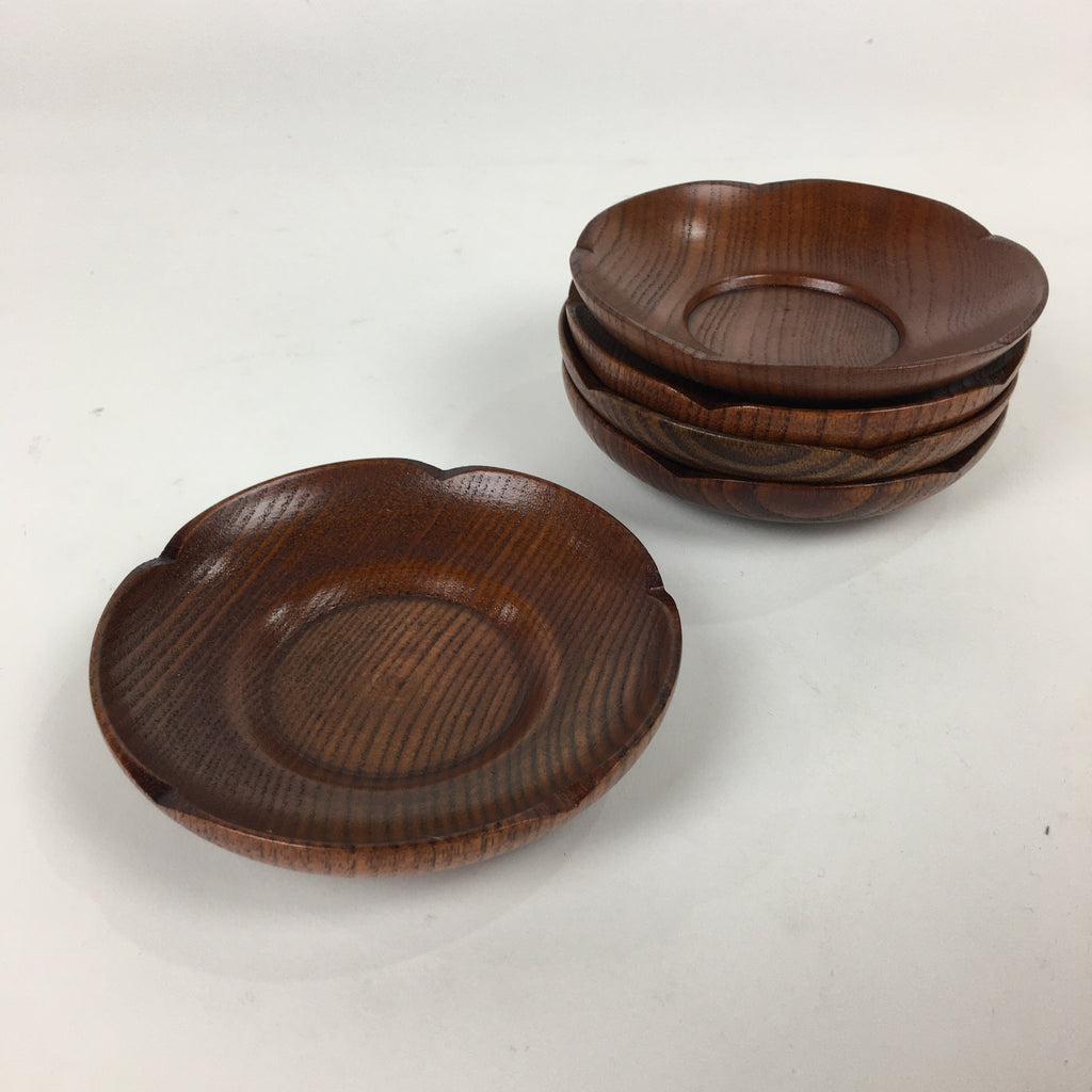 Japanese Wood lacquered Drink Saucer 5pc Set Vtg Chataku Coaster Brown UR595