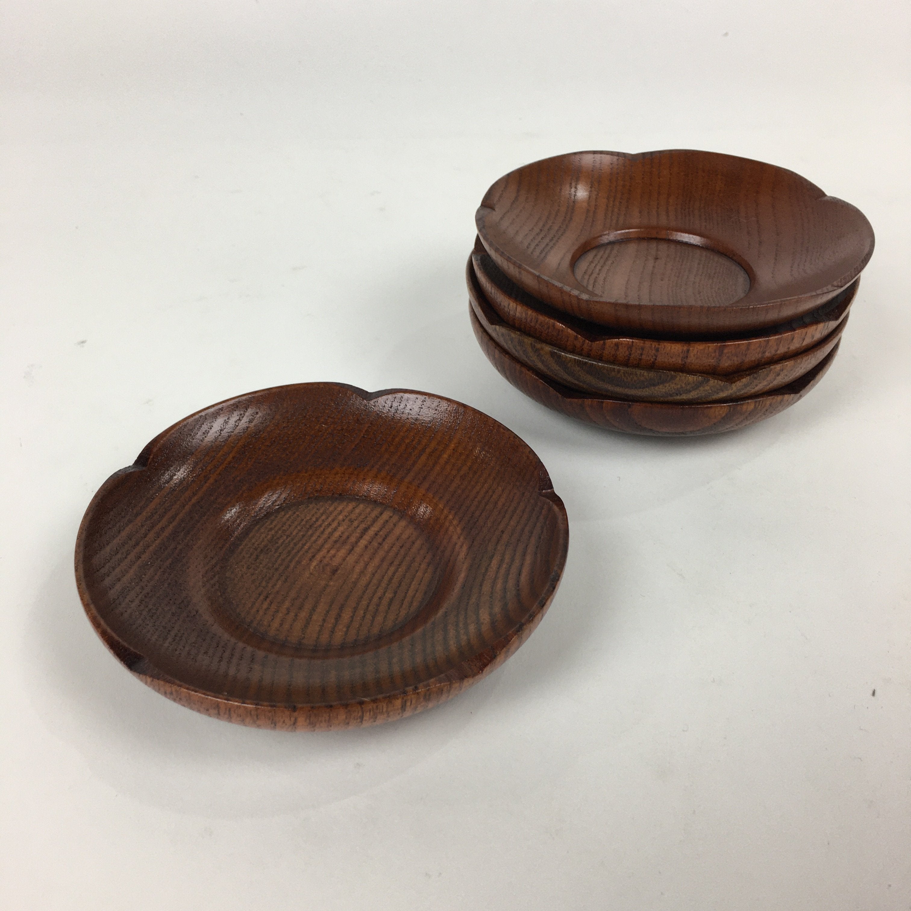 Japanese Wood lacquered Drink Saucer 5pc Set Vtg Chataku Coaster Brown UR595