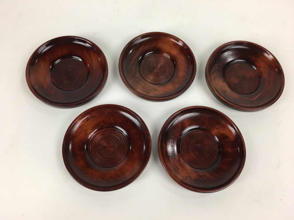 Japanese Wood lacquered Drink Saucer 5pc Set Vtg Chataku Coaster Brown UR596