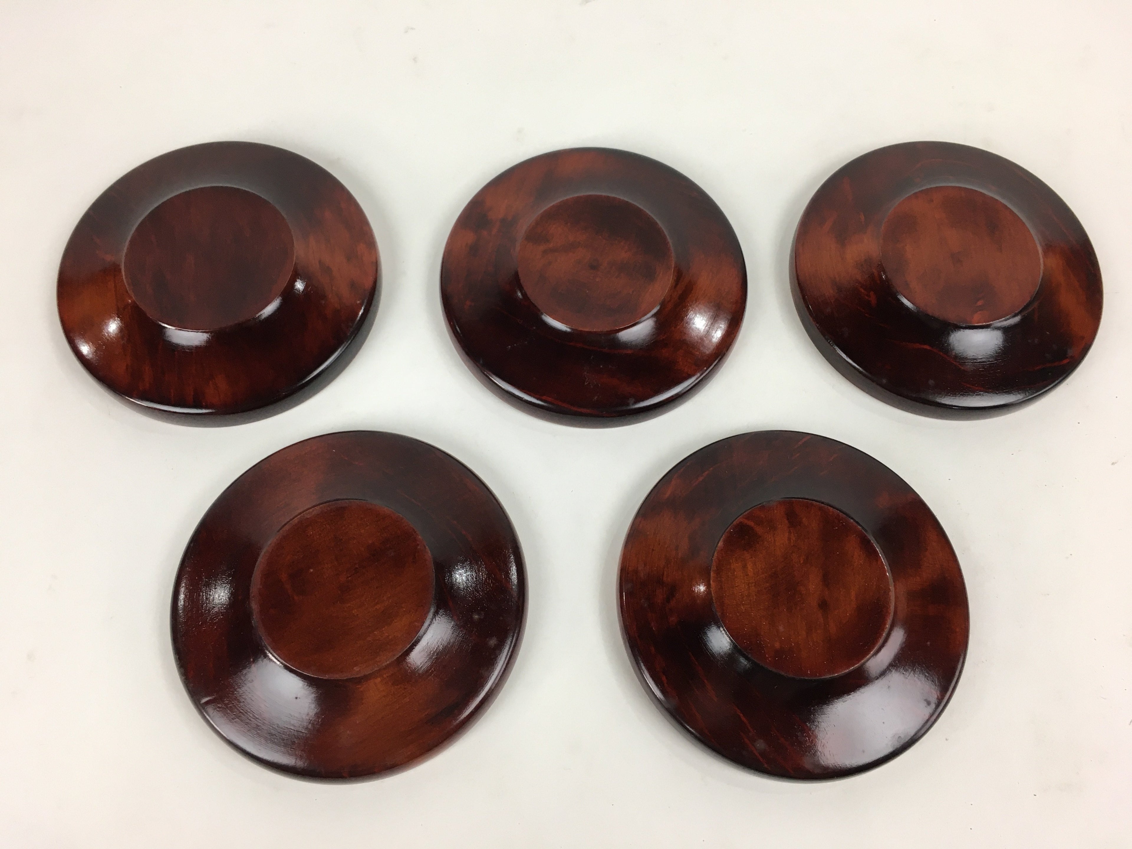 Japanese Wood lacquered Drink Saucer 5pc Set Vtg Chataku Coaster Brown UR596