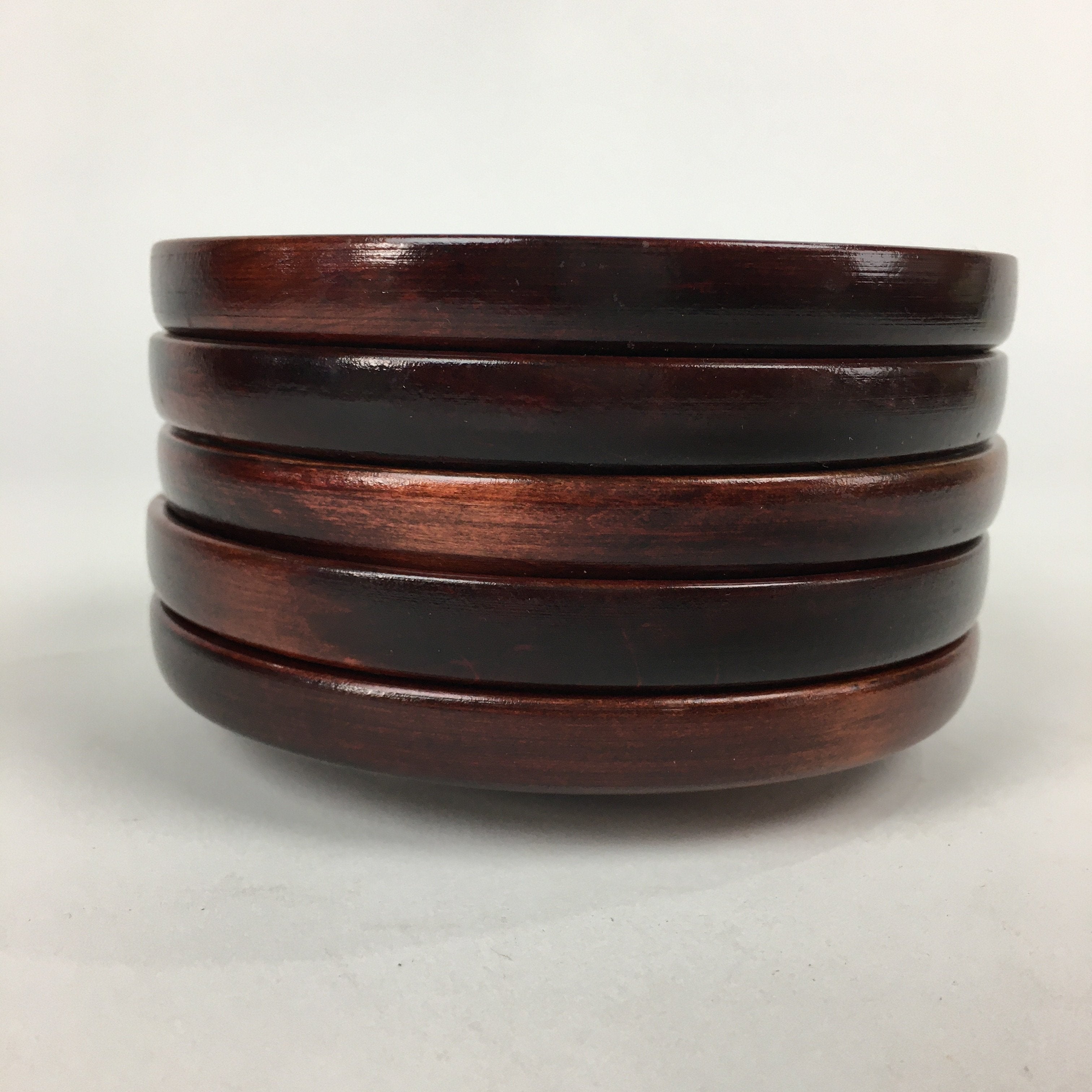 Japanese Wood lacquered Drink Saucer 5pc Set Vtg Chataku Coaster Brown UR596
