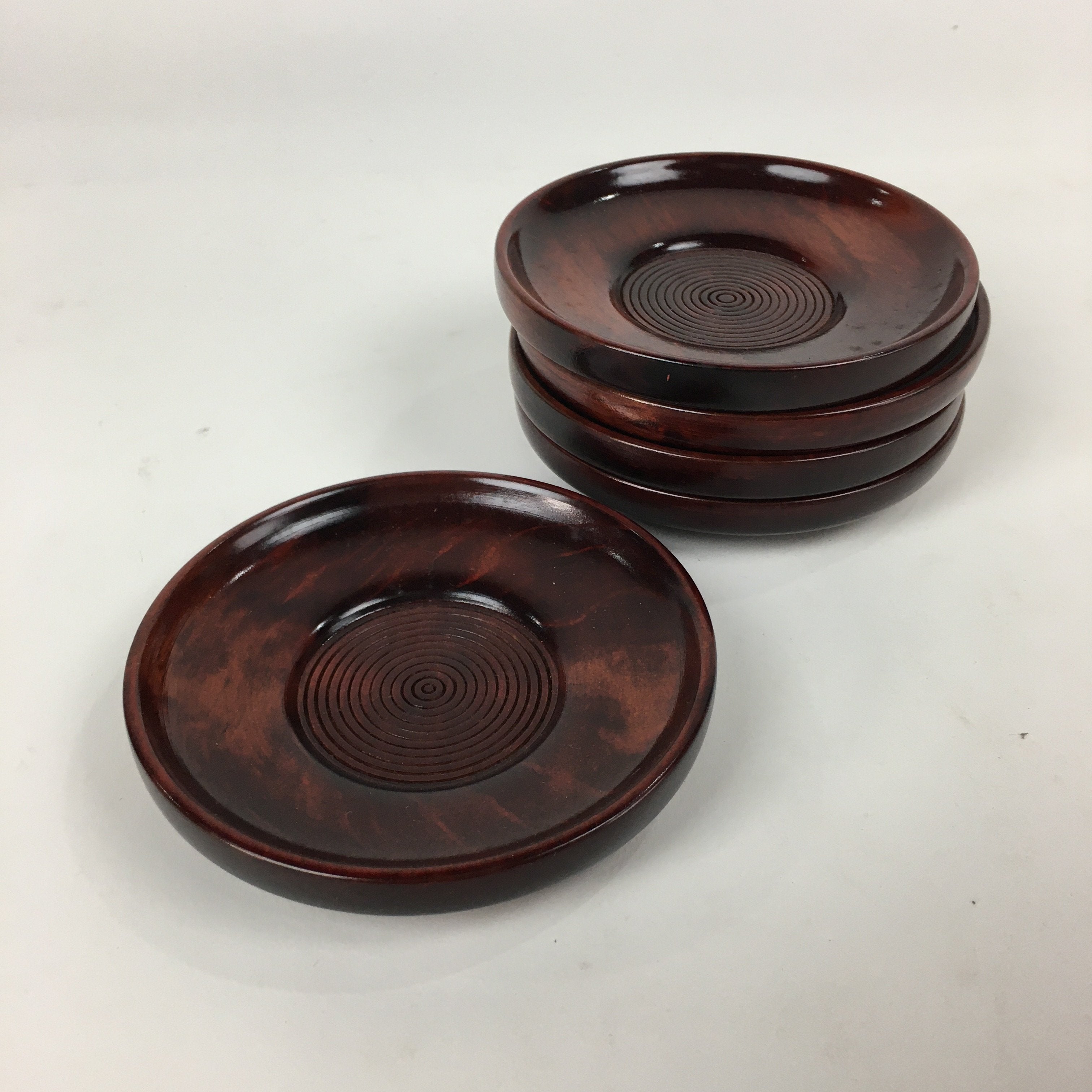 Japanese Wood lacquered Drink Saucer 5pc Set Vtg Chataku Coaster Brown UR596