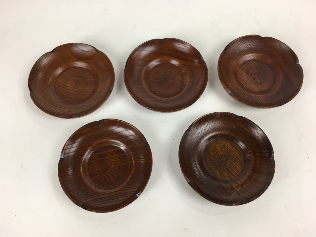 Japanese Wood lacquered Drink Saucer 5pc Set Vtg Chataku Coaster Brown UR597