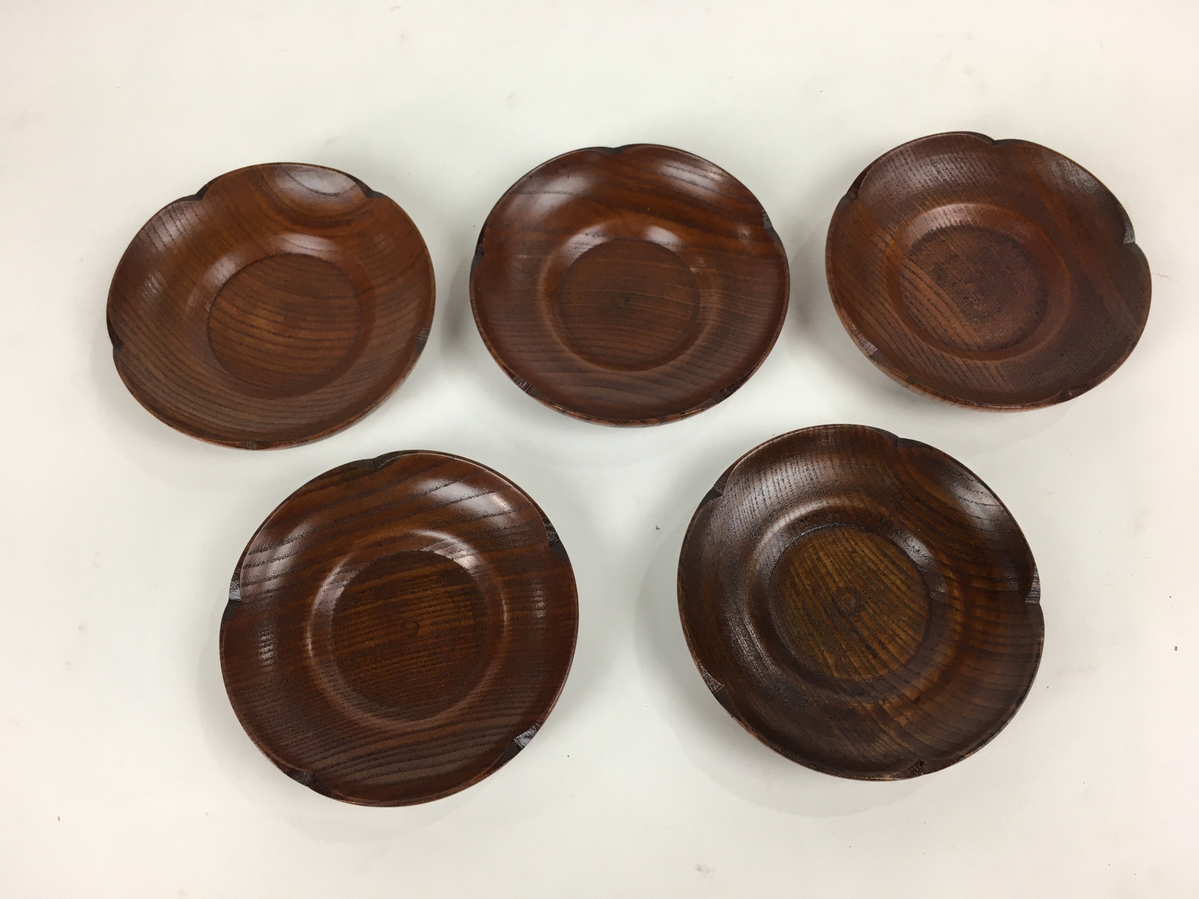 Japanese Wood lacquered Drink Saucer 5pc Set Vtg Chataku Coaster Brown UR597