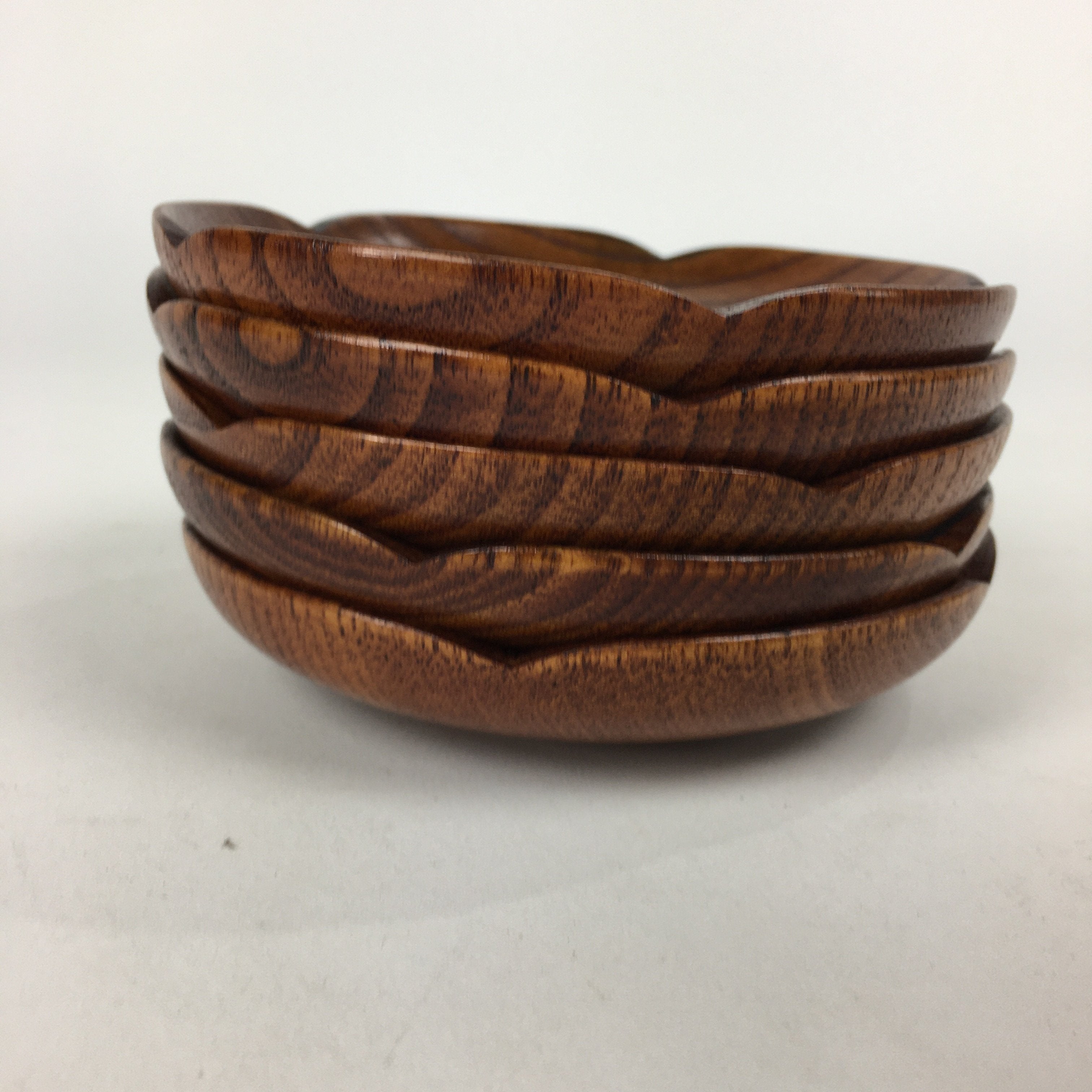 Japanese Wood lacquered Drink Saucer 5pc Set Vtg Chataku Coaster Brown UR597