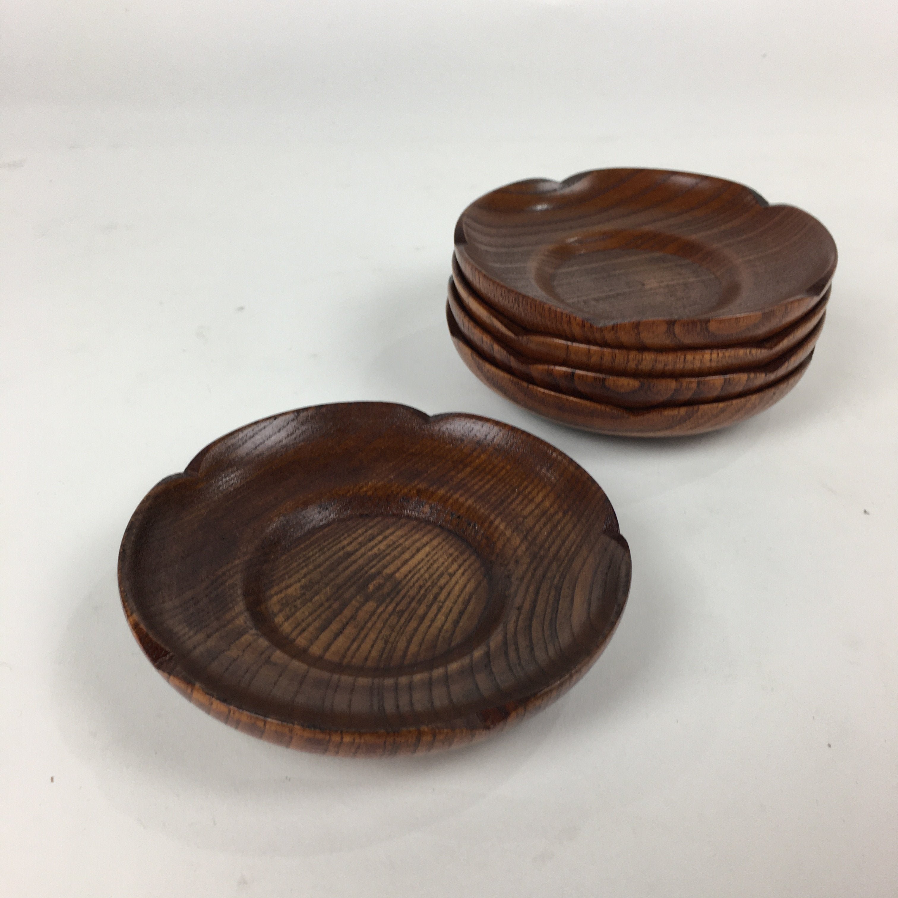 Japanese Wood lacquered Drink Saucer 5pc Set Vtg Chataku Coaster Brown UR597