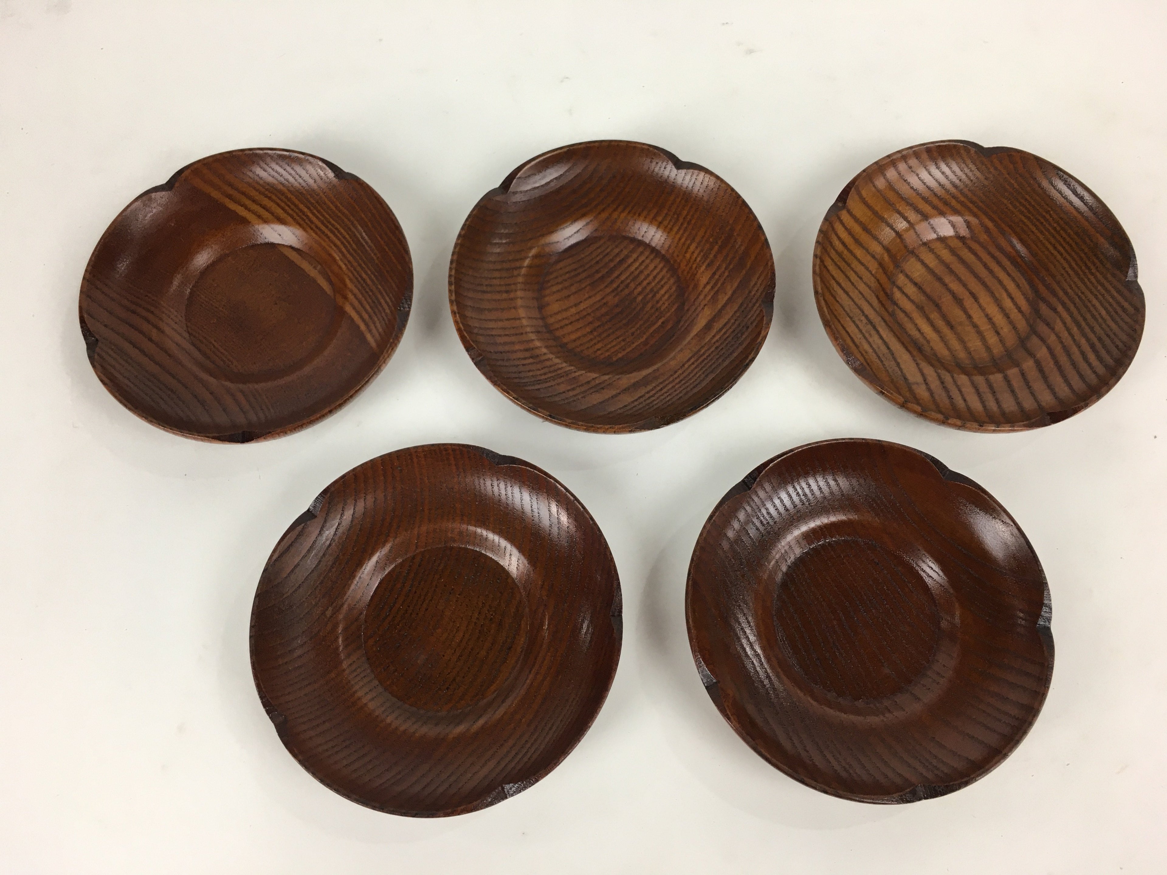 Japanese Wood lacquered Drink Saucer 5pc Set Vtg Chataku Coaster Brown UR598