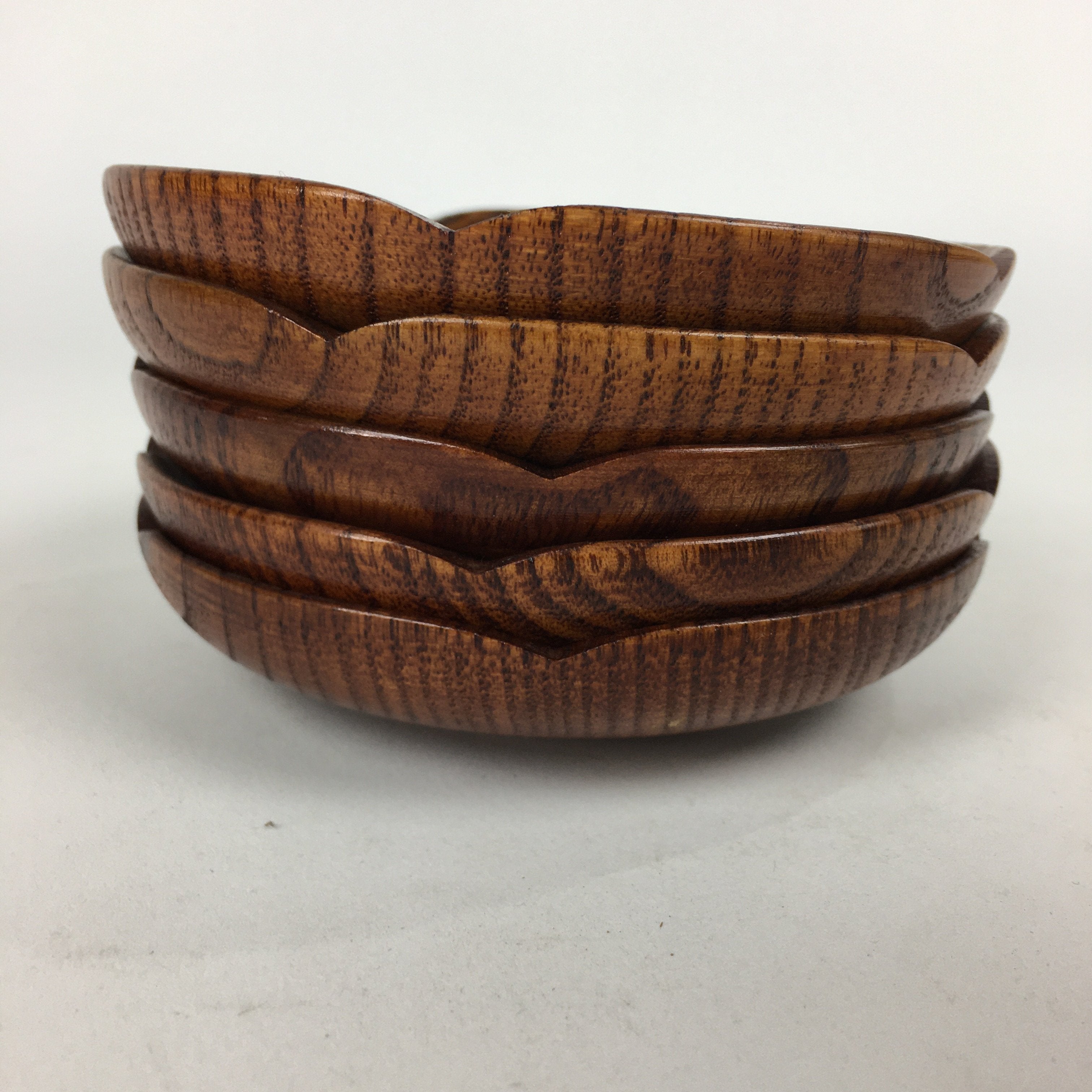 Japanese Wood lacquered Drink Saucer 5pc Set Vtg Chataku Coaster Brown UR598