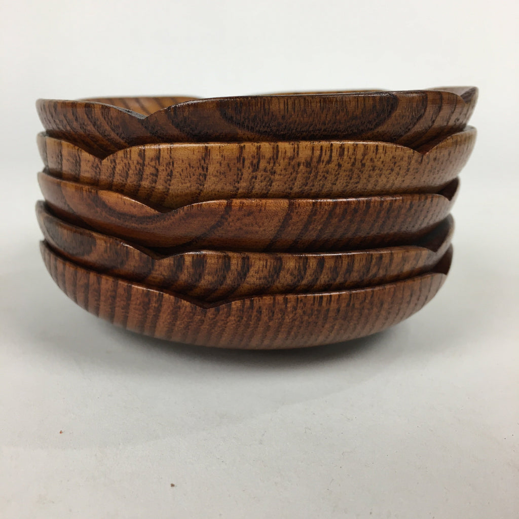 Japanese Wood lacquered Drink Saucer 5pc Set Vtg Chataku Coaster Brown UR598