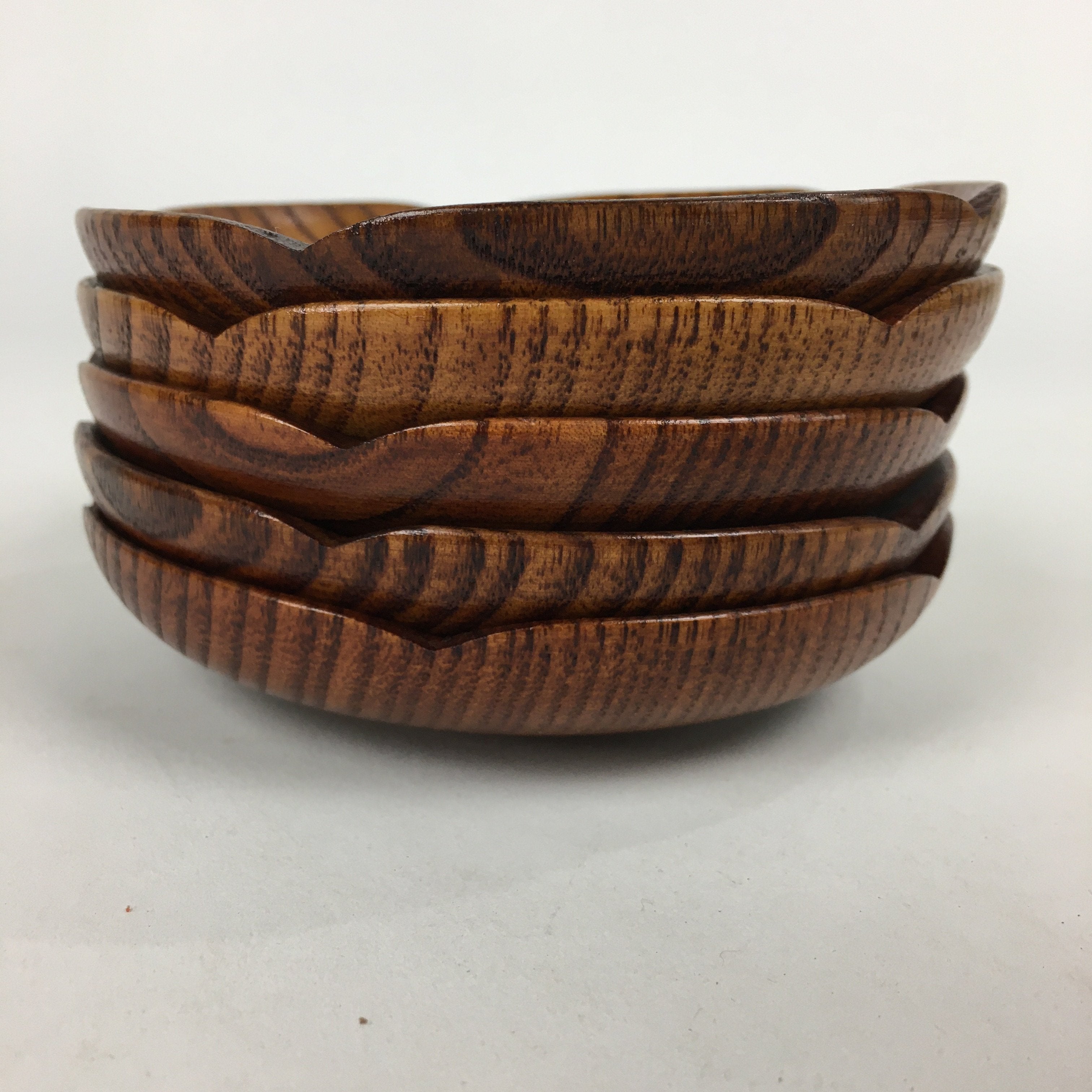 Japanese Wood lacquered Drink Saucer 5pc Set Vtg Chataku Coaster Brown UR598