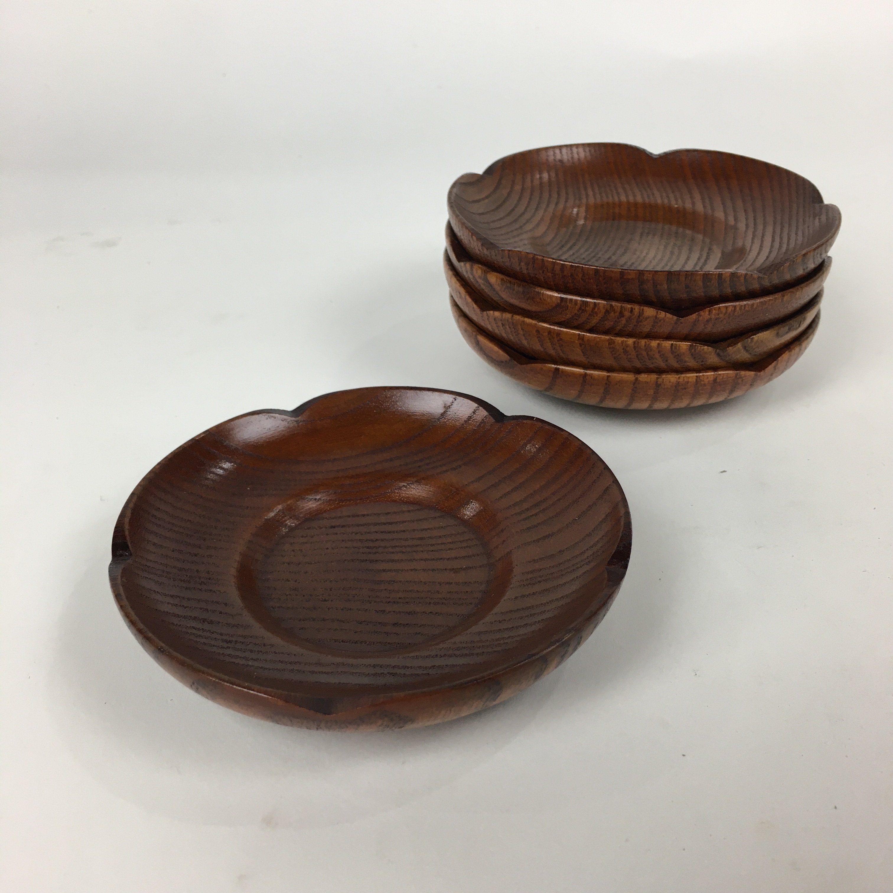 Japanese Wood lacquered Drink Saucer 5pc Set Vtg Chataku Coaster Brown UR598