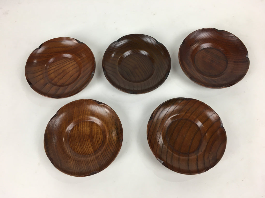 Japanese Wood lacquered Drink Saucer 5pc Set Vtg Chataku Coaster Brown UR599