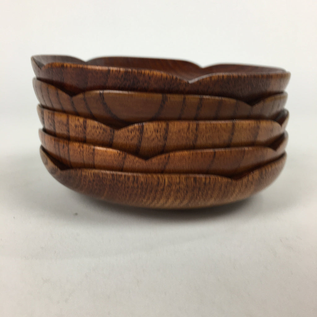 Japanese Wood lacquered Drink Saucer 5pc Set Vtg Chataku Coaster Brown UR599