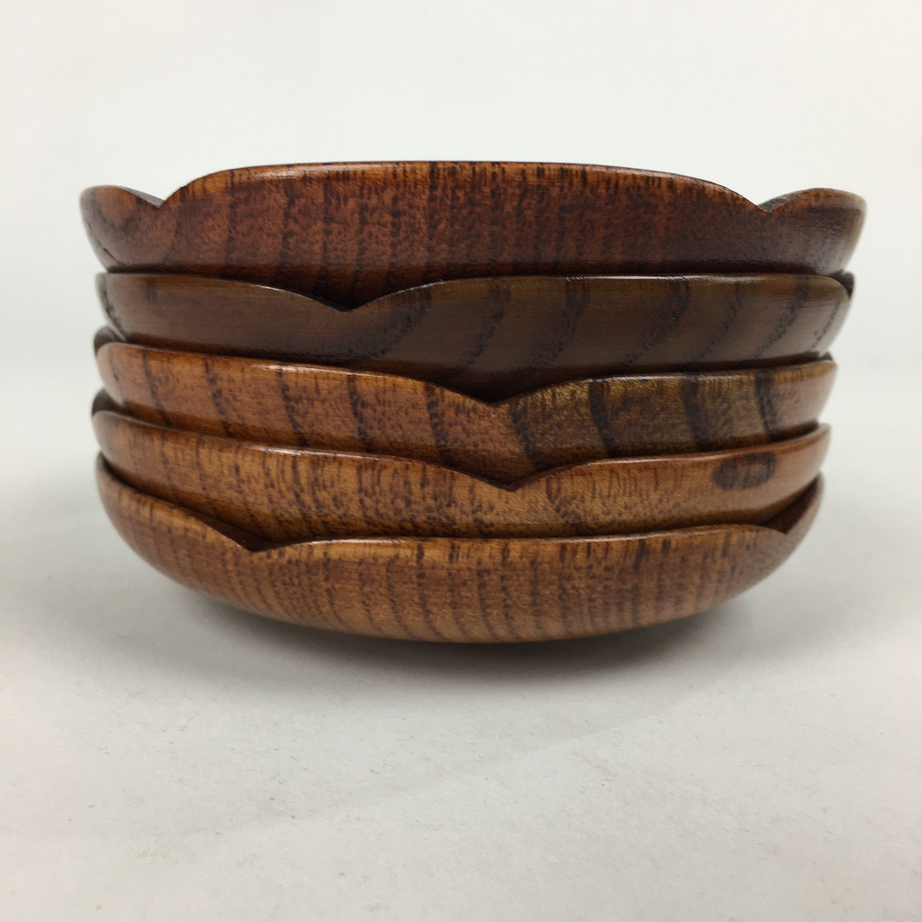 Japanese Wood lacquered Drink Saucer 5pc Set Vtg Chataku Coaster Brown UR599