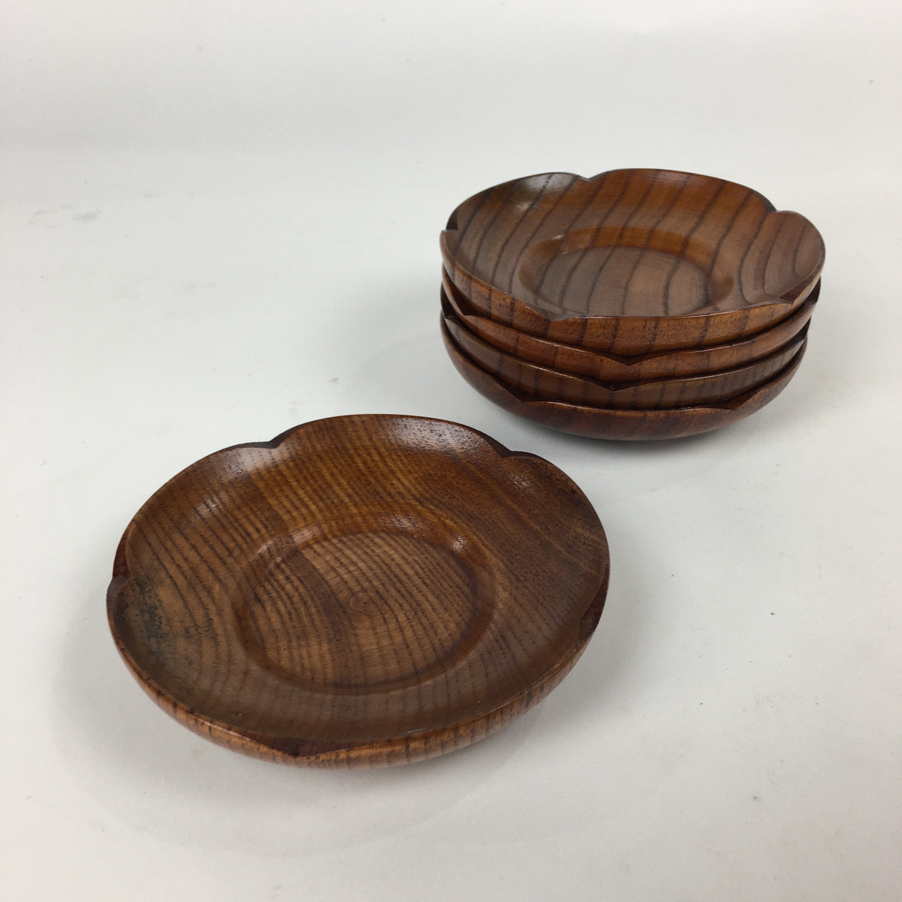 Japanese Wood lacquered Drink Saucer 5pc Set Vtg Chataku Coaster Brown UR599
